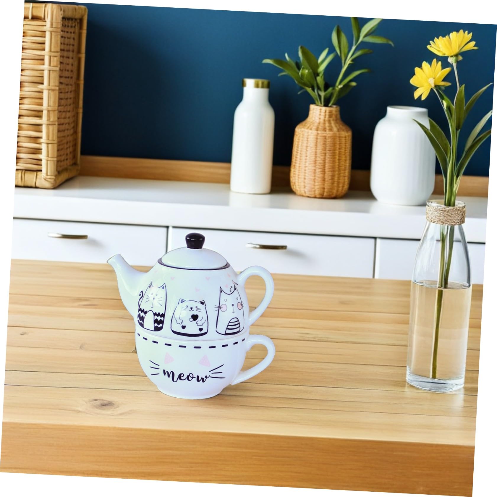 Toyvian Juego de Té de Cerámica Tetera y Taza en Blanco Diseño de Gato Adorable, Adecuado para Decoración del Hogar y Aficionados al Té