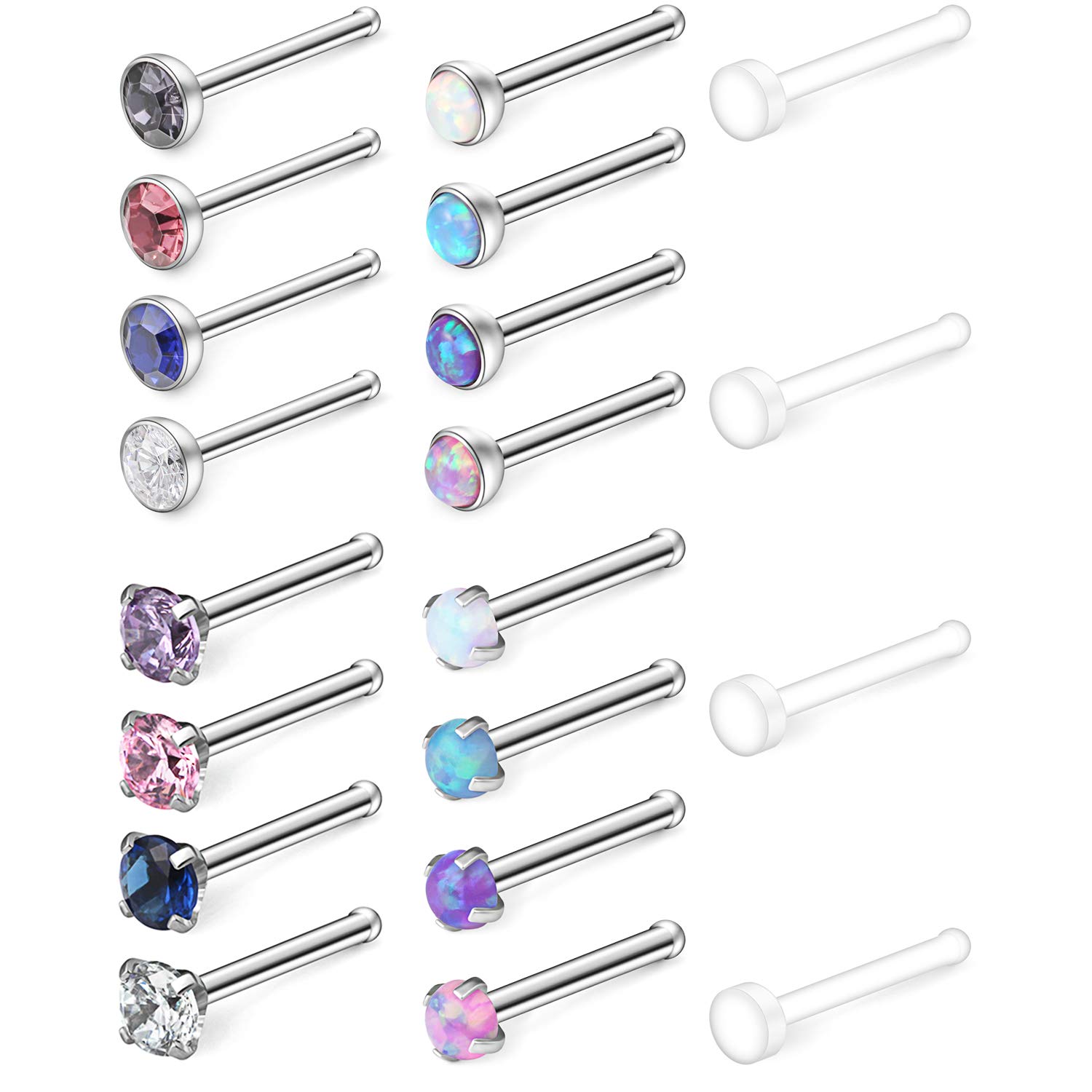 18G 1.5mm 2mm 2.5mm 3mm Jeweled Opal Nose Bone Studs Rings Pin Piercing Jewelry 4-20PCS