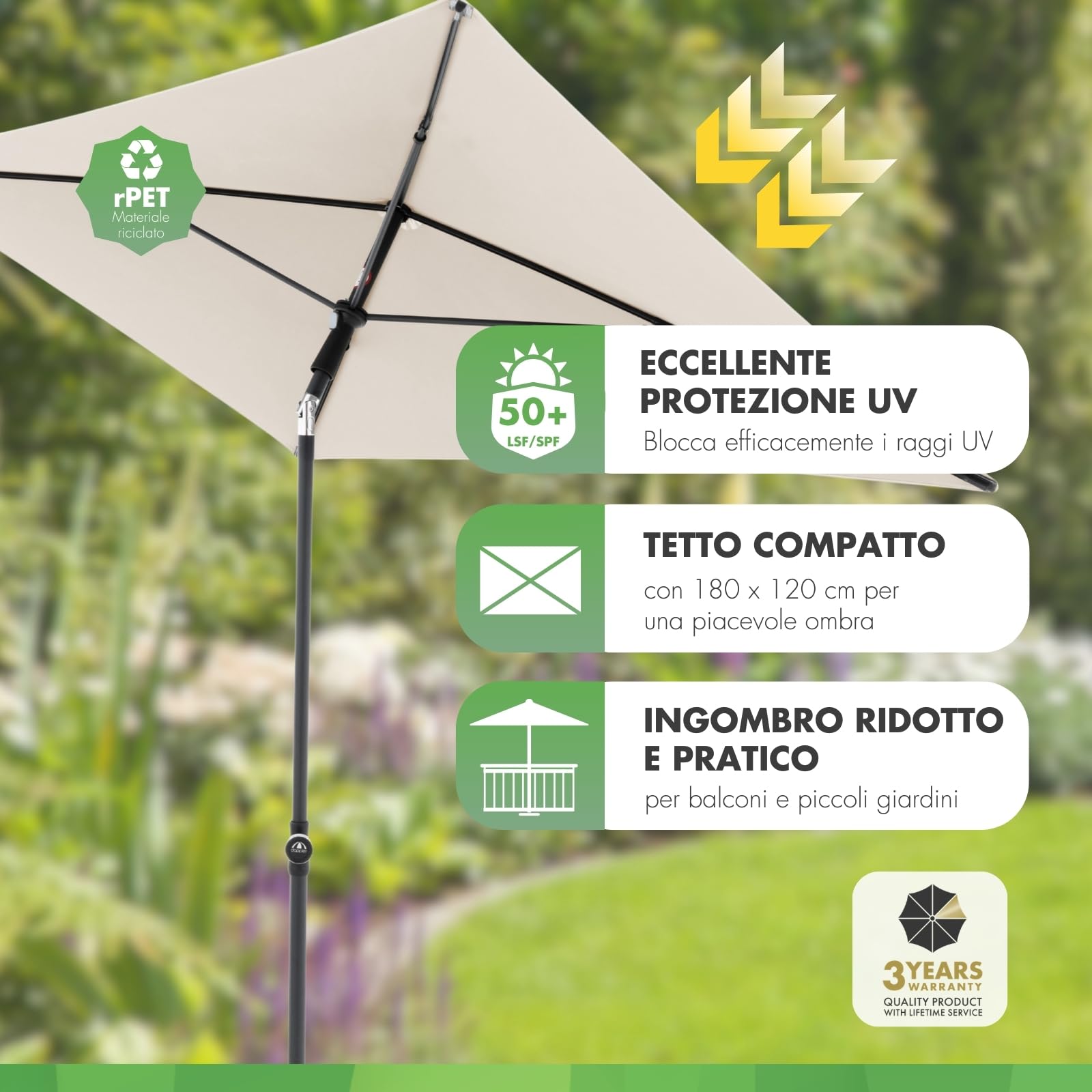 Doppler Parasole Rethink I 180x120cm al naturale I inclinabile per balcone e terrazza I sostenibile I con apertura a mano I Con copertura
