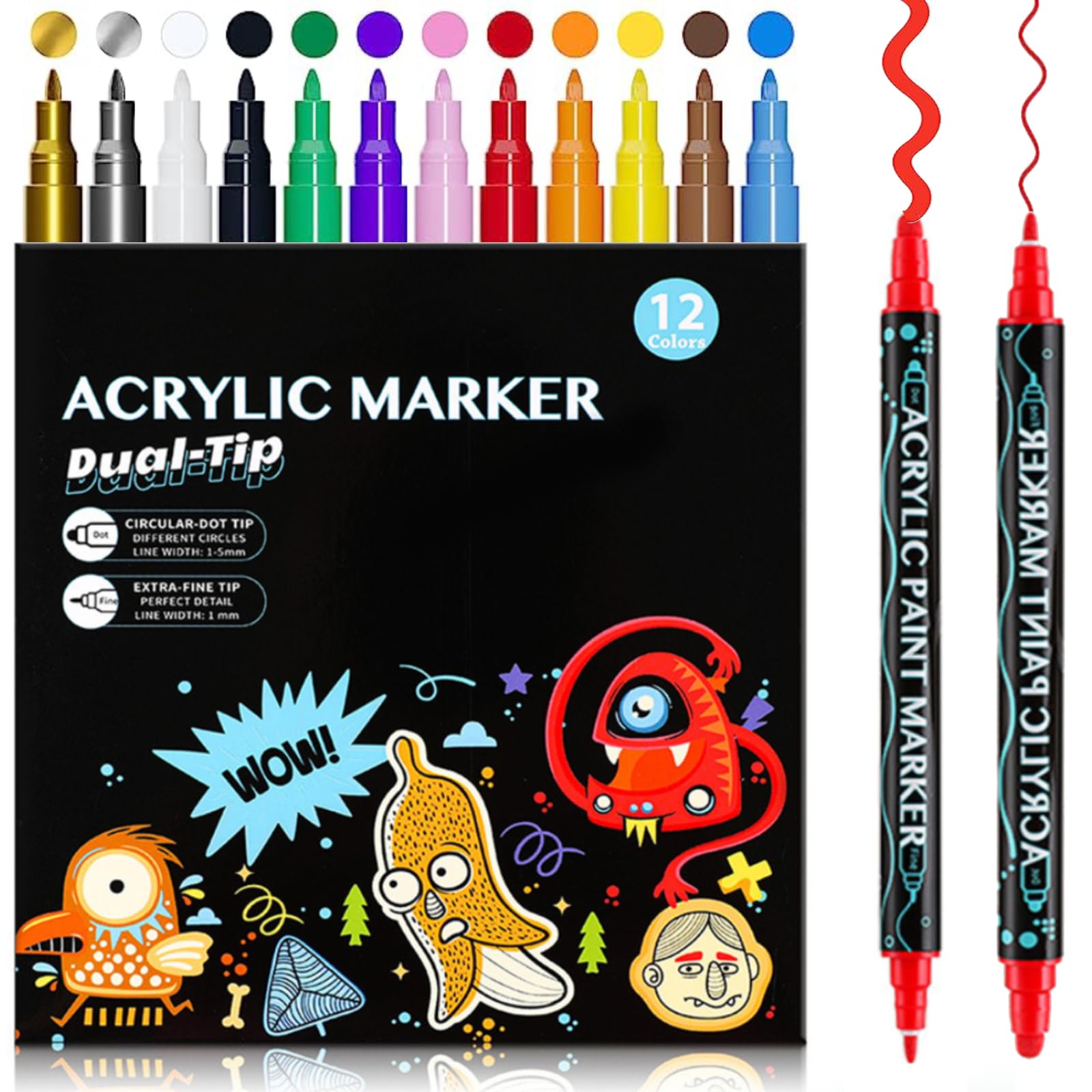 NESLIN 12 Colors Dual Tip Acrylic Paint Pens Markers, Acrylic Paint Pens with Medium Tip and Fine Point Quick Dry for Wood, Canvas, Stone, Rock Painting, Glass, Ceramic Surfaces, DIY Crafts Making