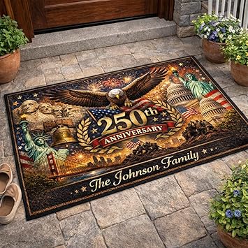 Love Signal Custom Patriotic Doormat, 250th Anniversary US Independence Day Eagle Mat, Personalized Family Name Welcome Mat, 1776-2026 American Flag Entrance Rug, 4th of July Home Decor 7