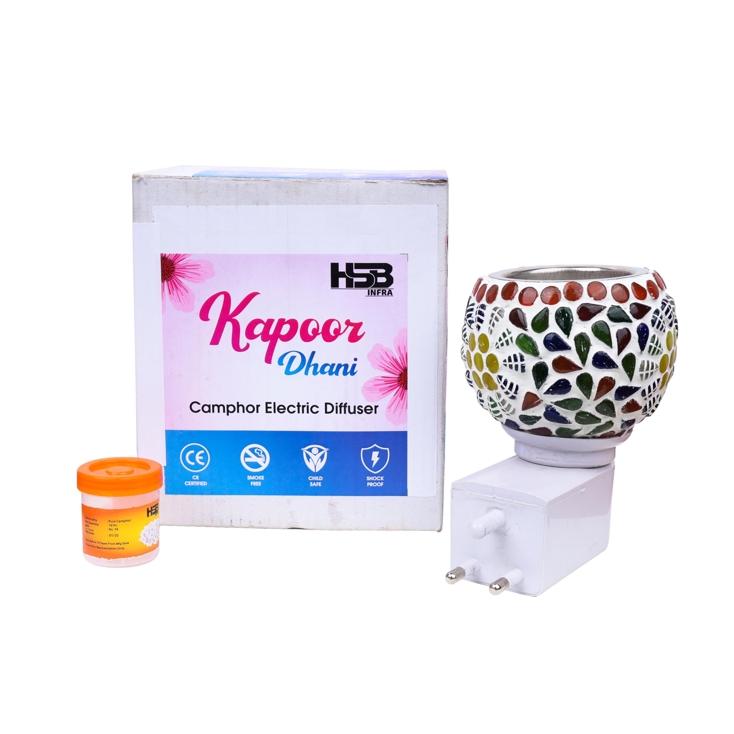 HSB INFRA Kapoor Dani Electrical Camphor Diffuser. Glass Kapoor Dani & Essential Oil Diffuser with On Off Switch to Toggle Between Burner & Lamp
