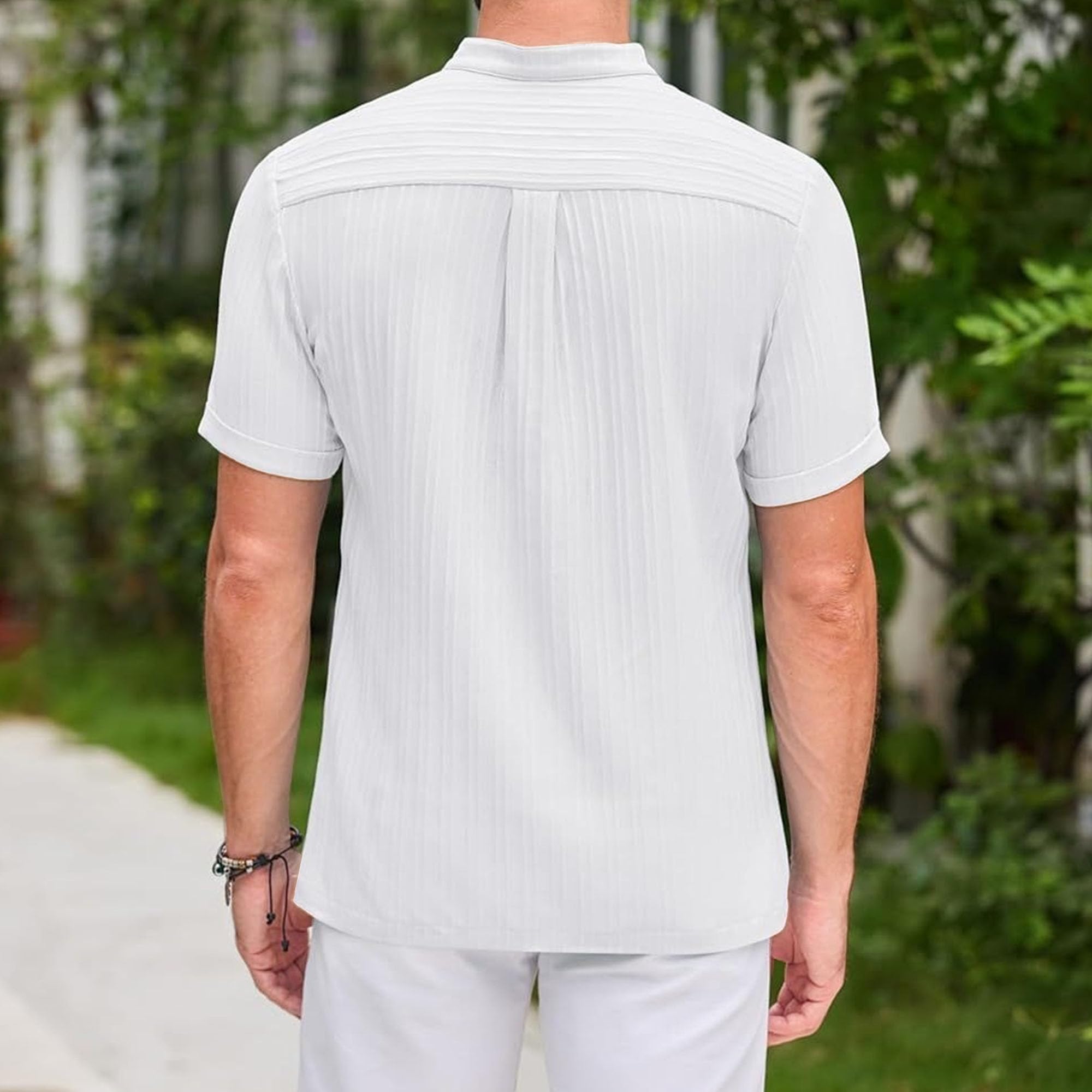 Men Retro Cotton Linen Striped Henry Shirt Classic Cozy Casual Loose Shirts Summer Quarter Button Leisure Pullover (White,X-Large)