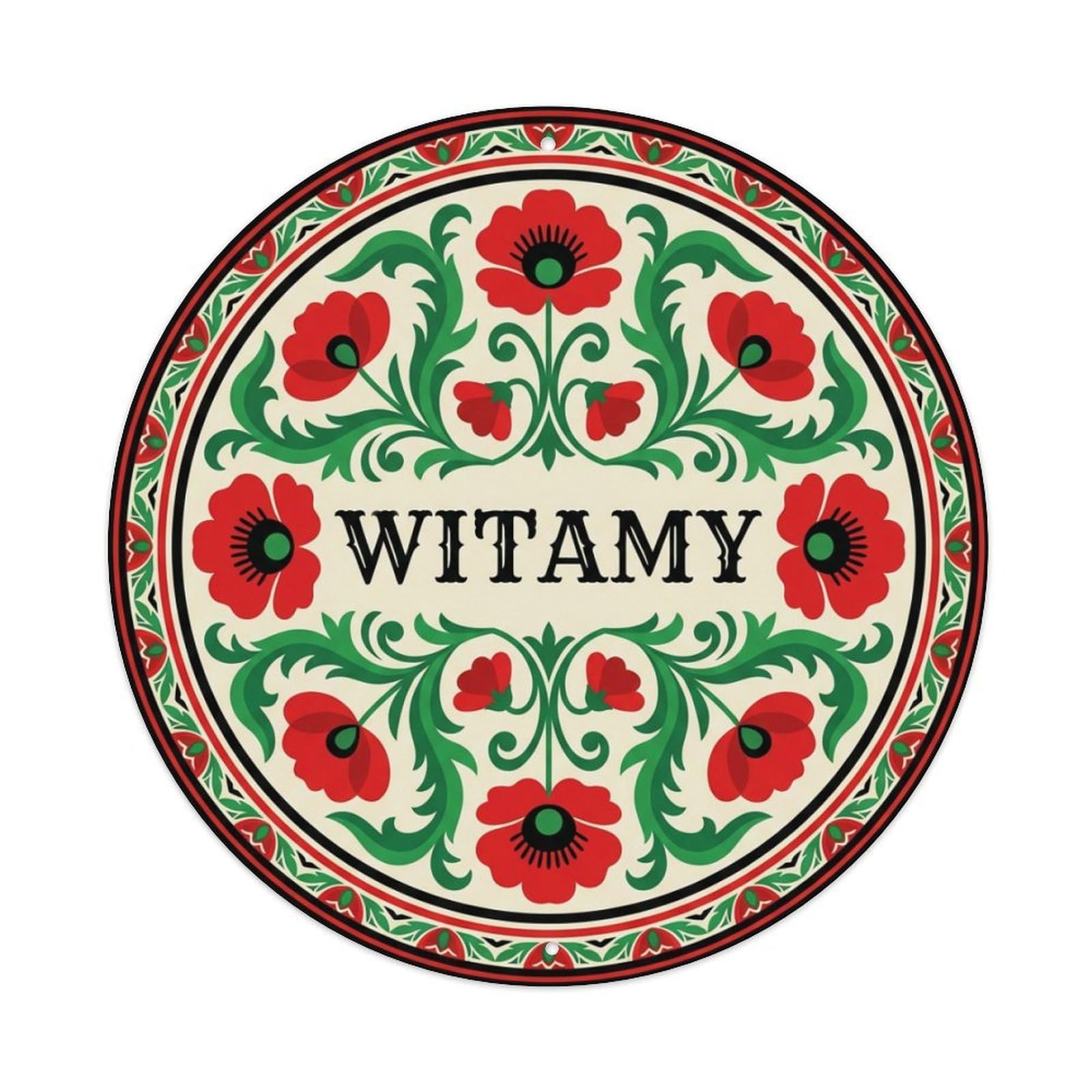 Fyrn Style Metal Tin Sign Vintage Polish Folk Art Witamy Welcome Poppy Red