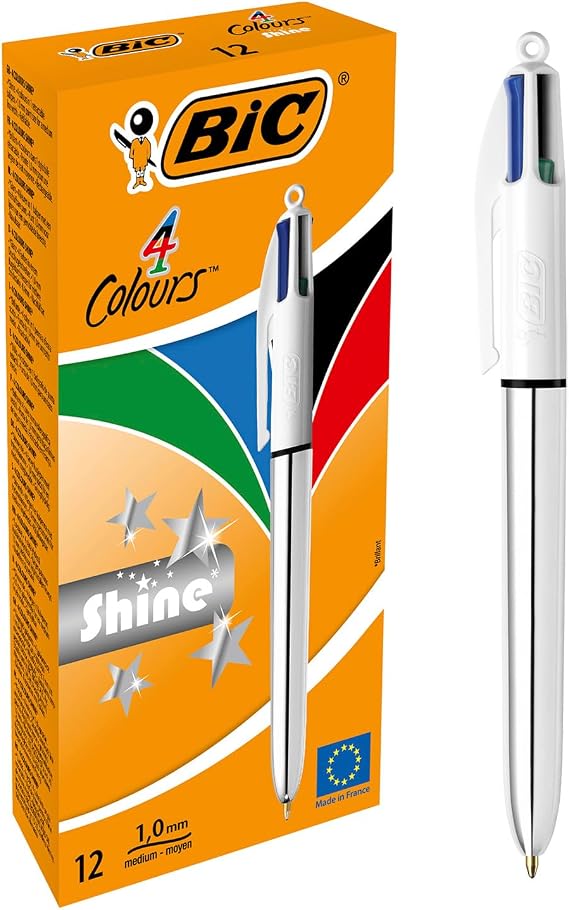 BIC 4 Colors Shine Silver Body Ballpoint Pen 12 Box, 4 Colors (Blue, Black, Green and Red), 1.0 mm. Fly