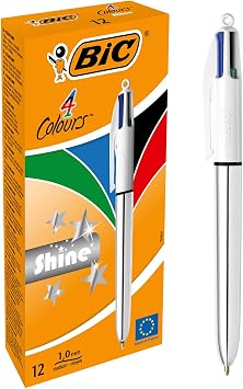 BIC 4 Colors Shine Silver Body Ballpoint Pen 12 Box, 4 Colors (Blue, Black, Green and Red), 1.0 mm. Fly
