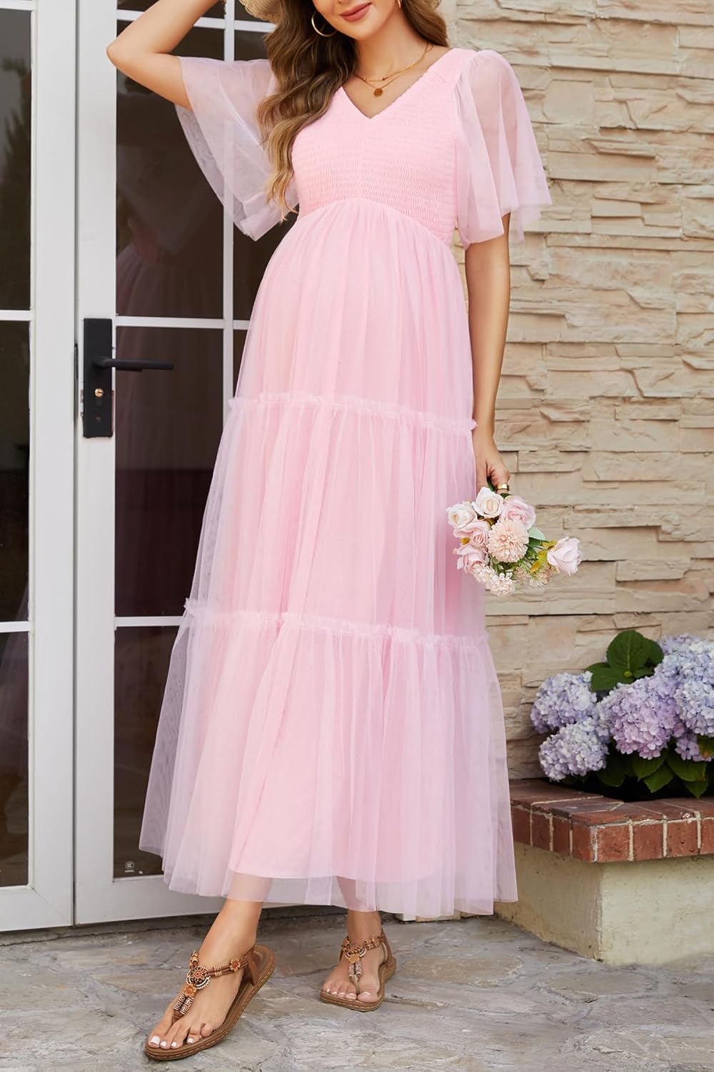 Maternity Photoshoot Dress-Baby Shower 2026 Pregnancy Summer Maxi Flutter Sleeve Mesh Dress