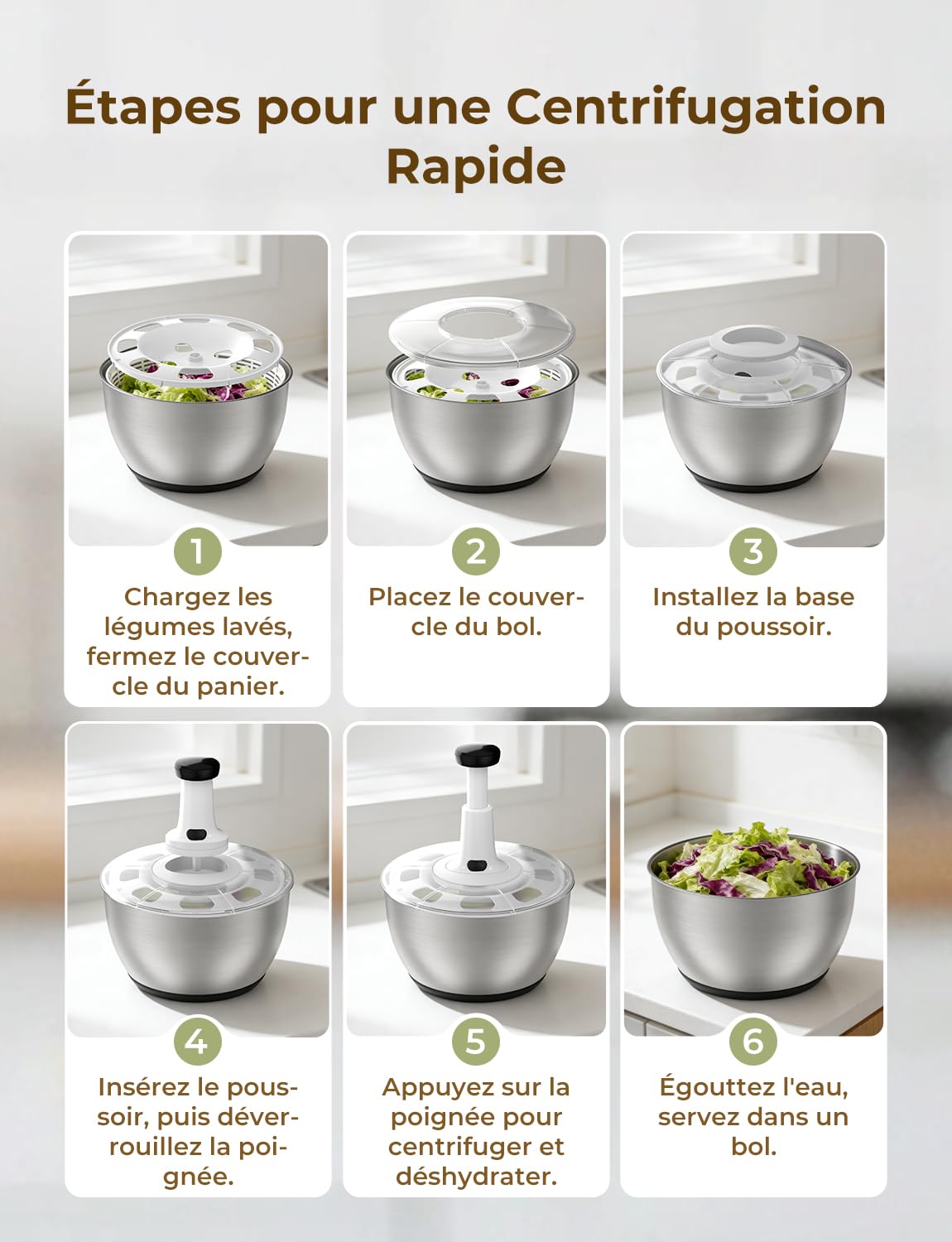 Essoreuse à Salade Acier Inoxydable, 6L Grande Capacité Essoreuse Salade avec Saladier et Base Antidérapante, sans BPA, Lave et sèche Rapidement Les légumes et Les Fruits