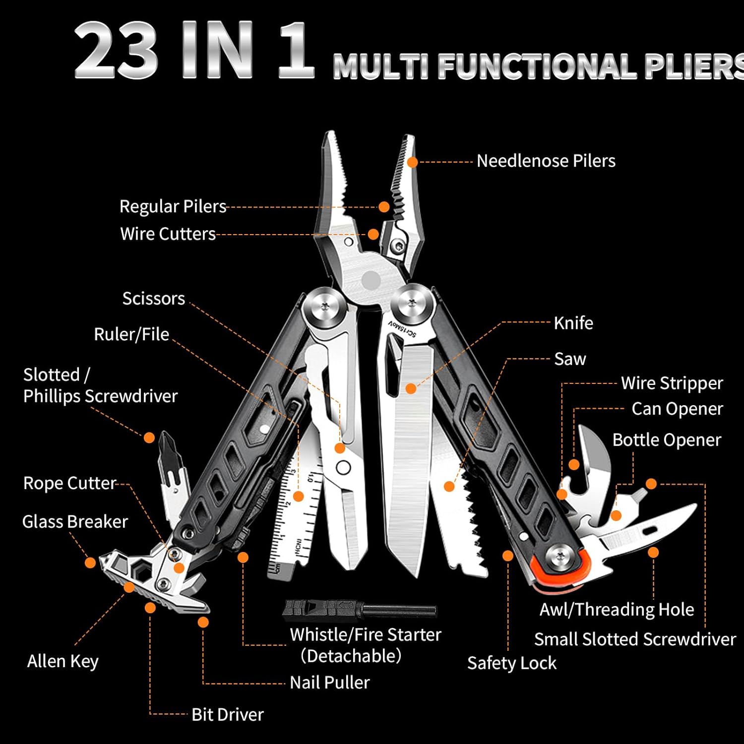 23-in-1 Multitool Pliers with Scissors,Wire Cutters,Window Breaker,Flint,Saw Screwdrivers,Bottle Opener,Carrying Pouch,High-carbon Steel Multi Tool for Camping Survival and Gift (Black And Silver)