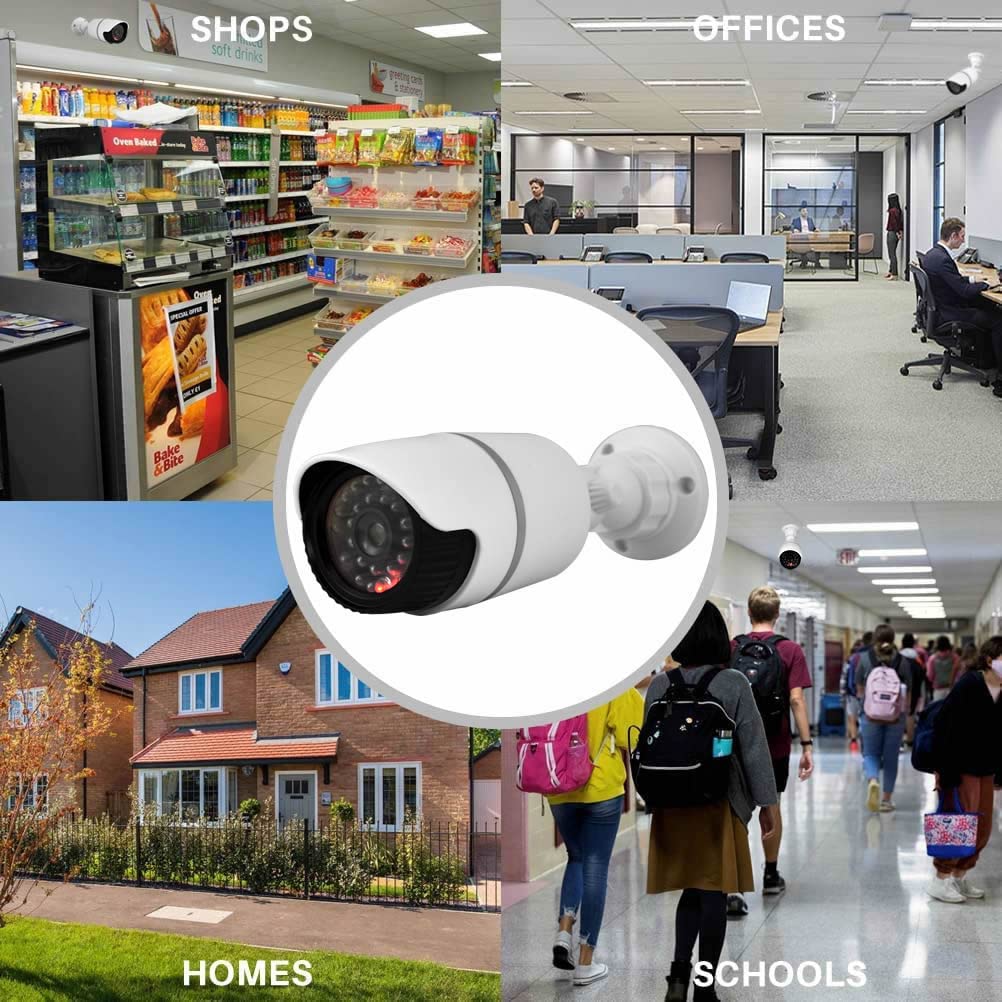 JUSTOP Cámaras CCTV falsas, 2 cámaras de seguridad falsas con LED intermitente, impermeables para uso en interiores o exteriores, carcasa profesional en blanco y negro (paquete de 2 unidades)