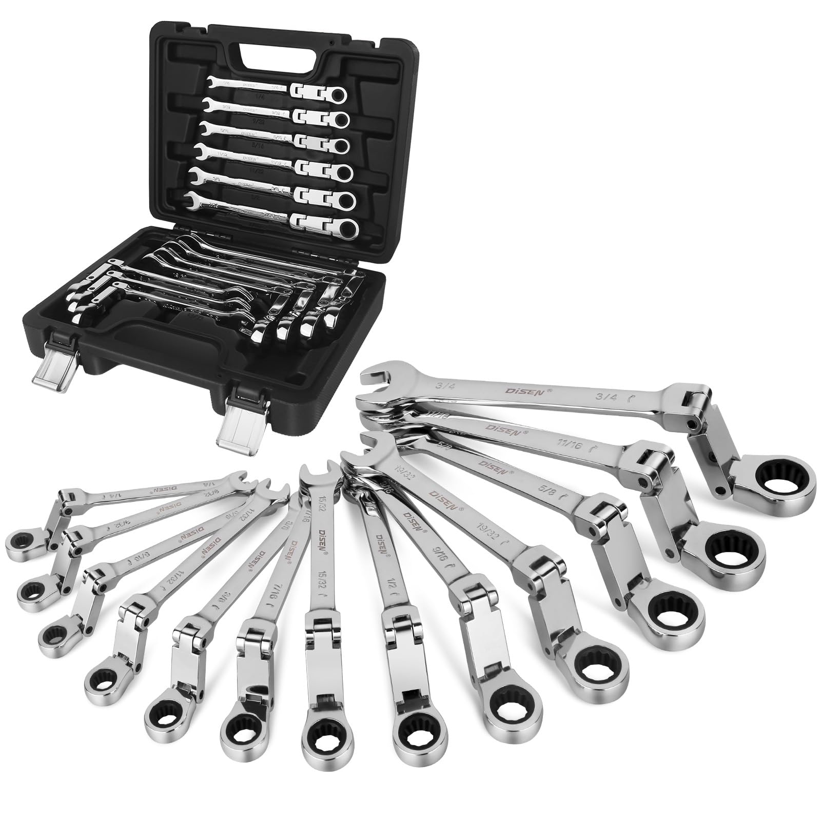 DISEN Ratcheting Wrench Set 25pcs, Flex Head Ratchet Wrenches Double Foldable, Metric 8-19mm and SAE 1/4'' -3/4'', 72-Teeth, Cr-V Steel,12 Point Combination Wrench set with Heavy Duty Case — Amazon image 7