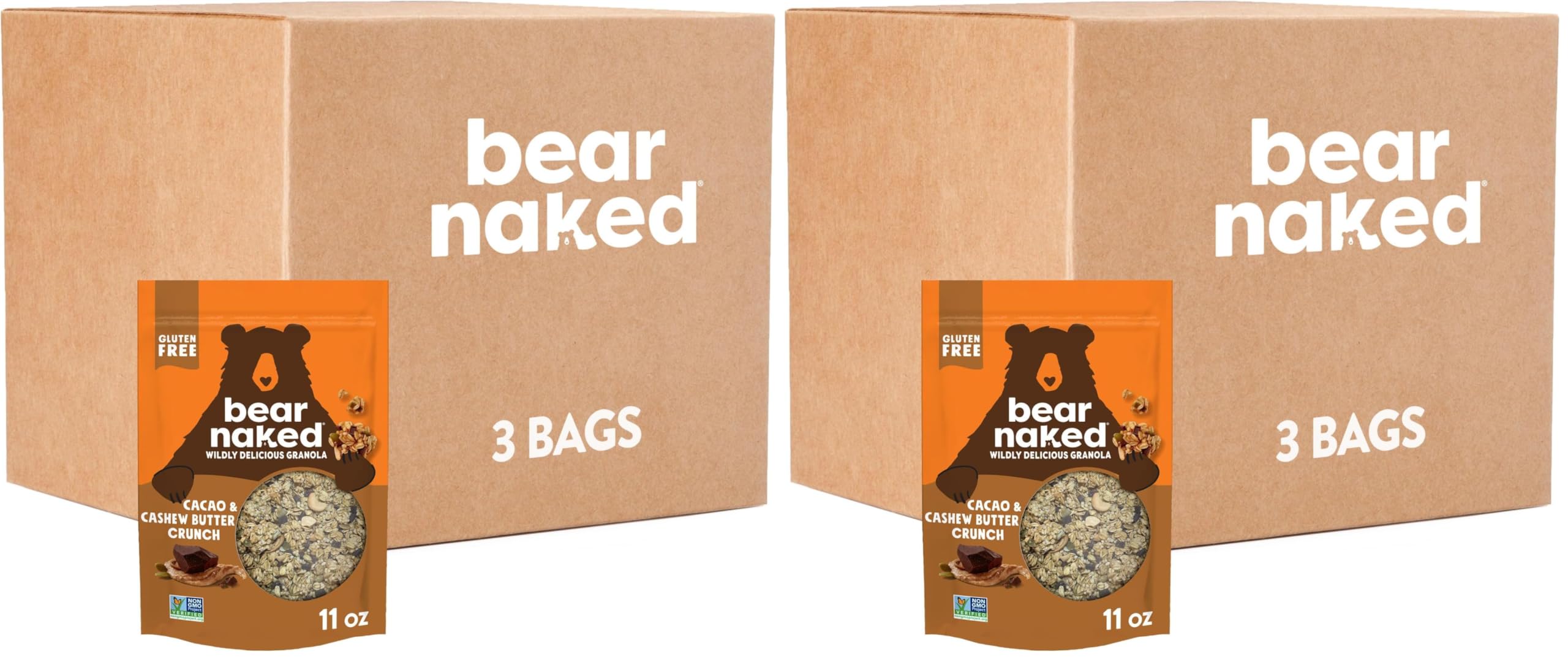 Bear Naked Granola Cereal, Whole Grain Granola, Breakfast Snacks, Cacao and Cashew Butter Crunch (3 Bags) (Pack of 2)