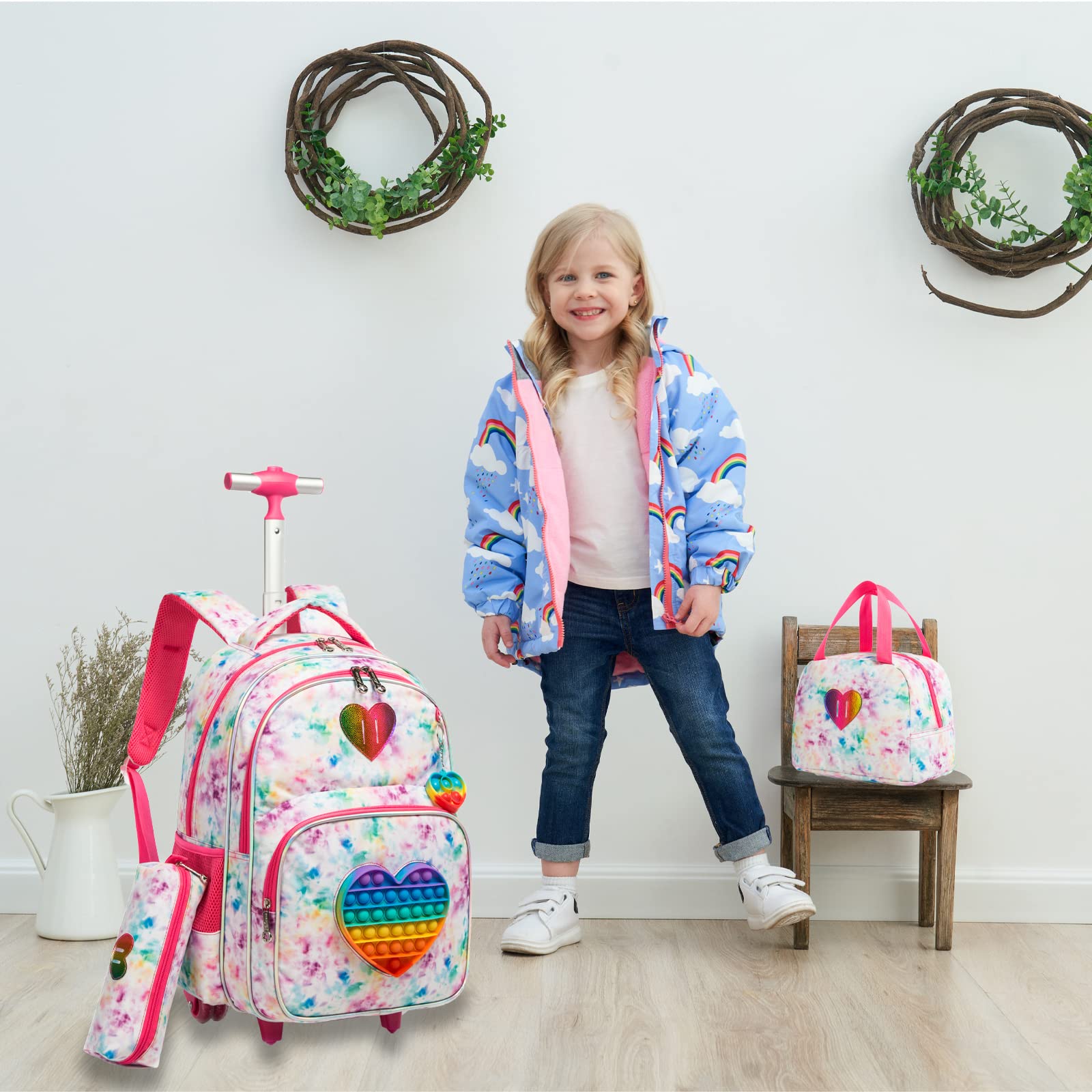 Mochilas Escolares con Ruedas Para Niñas,3PCS Mochila Carro Bolsa del Almuerzo y Estuche de Lápices Bolsos Escolares Para Chicas,17" Maleta Niños con Ruedas de Viaje Juguete de Love Mochila Para Niñas