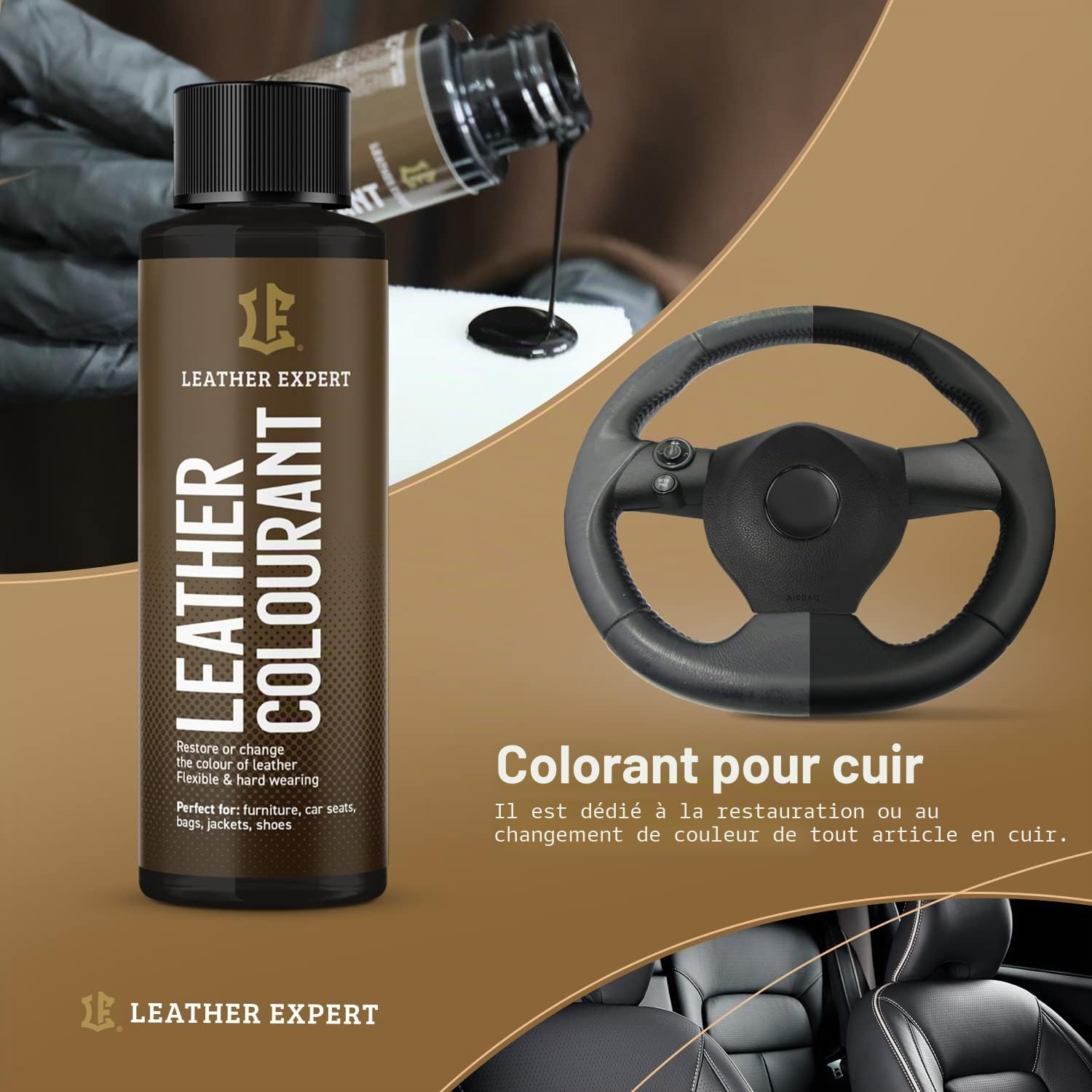 Kit de soin et réparation de volant en cuir expert noir - Restaurez le cuir endommagé du volant de voiture, siège de voiture, veste de canapé, rafraîchissez la couleur et entretenez le cuir