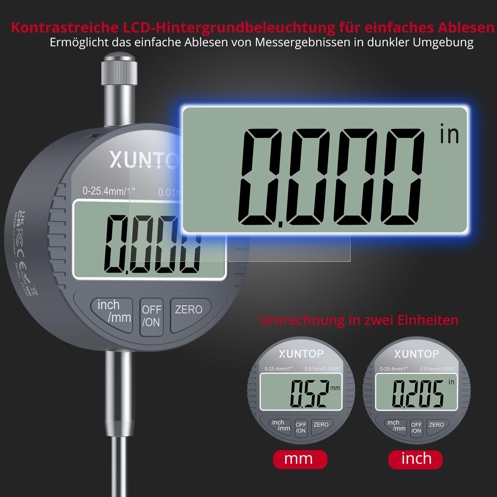 XUNTOP Digitaler Messuhr DTI Digital Dial Indicator 0,01/.0005'' Messbereich 0-25,4 mm (0-1'') für mechanische, industrielle & Laboranwendungen