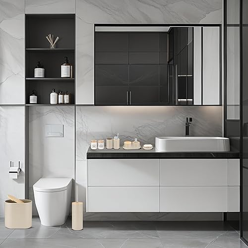 Miniatura 6 de IMAVO Juego de accesorios de baño, 11 piezas, color beige, con basura, dispensador de jabón, jabonera, soporte para cepillos de dientes, taza para