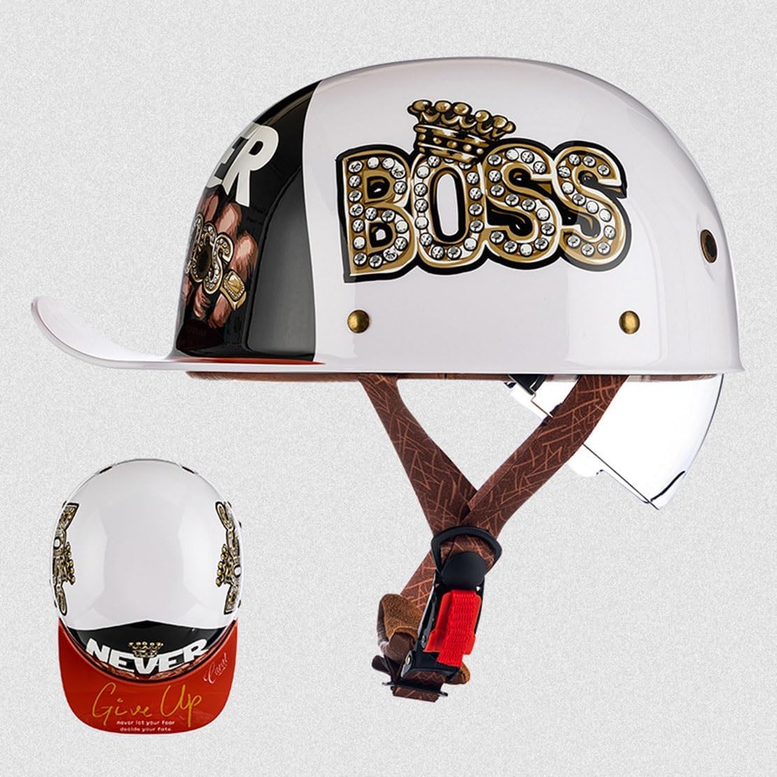 Fashion Baseball Cap Style Motorcycle Helmet Adults Open Face Helmet Retro Skull Cap Helmet with Pull-Down Lens for Men Women Moped Scooter Street Cruiser Helmet DOT Approved