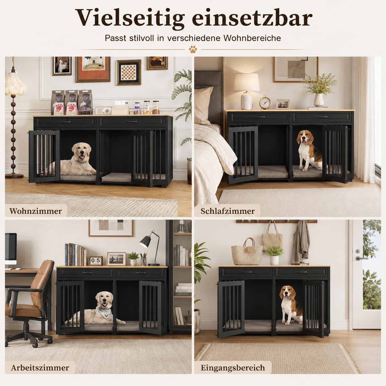Hundekäfig mit 2 Schubladen und 2 Türen Hundebox für Innenbereich Hundehaus mit getrenntem Innenraum Schwarz und Eichenfarbe 164×60×80cm MDF Hundehütte für 2 Hunde