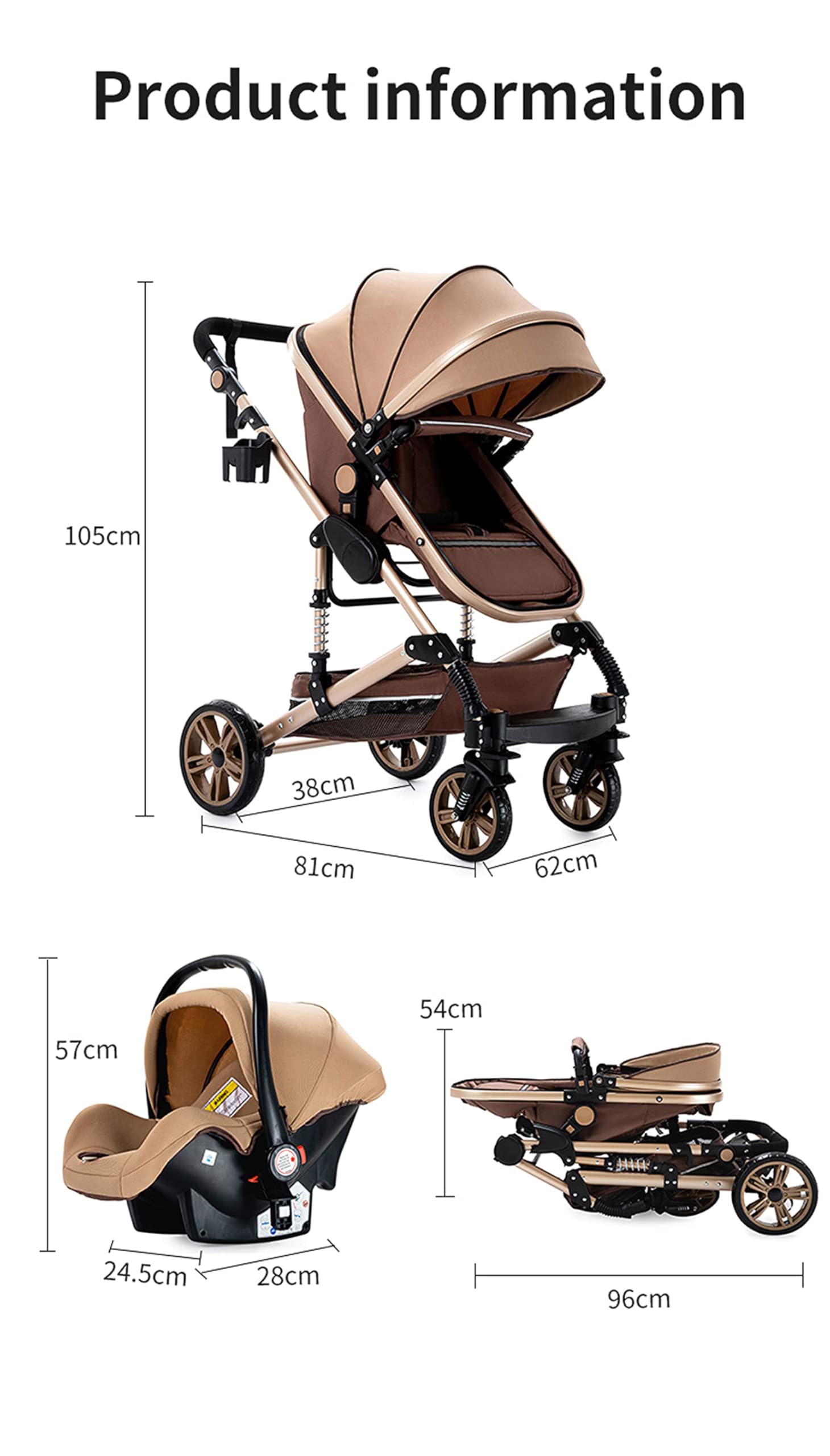 Magic ZC Kinderwagen 3 in 1 Kombikinderwagen Komplettset mit Umkehrbarem Schub Buggy Faltbarem One-Click-Design Beige