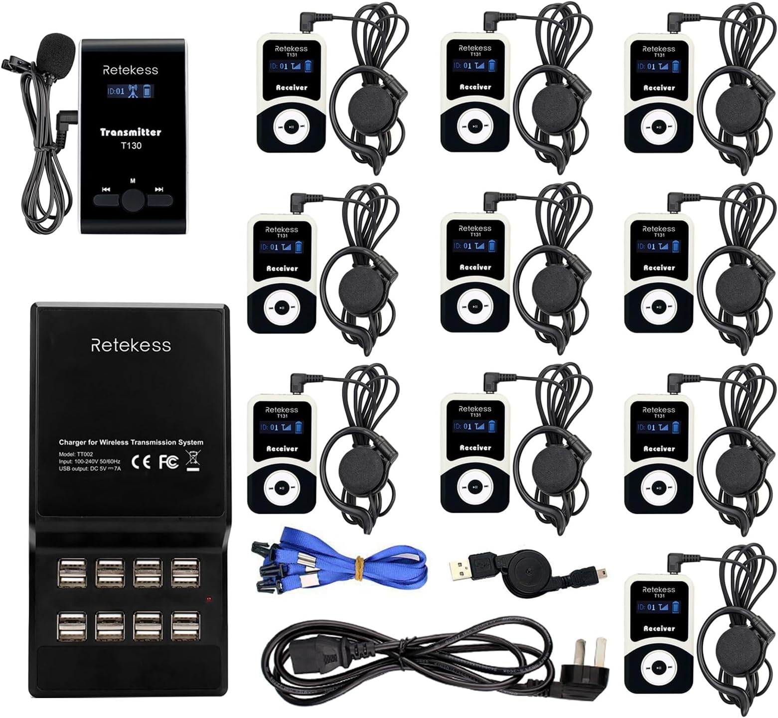 T130 Church Translation System, Tour Guide Headsets, Classic Style, Easy to Use, 16 Port USB Charging Station, Whisper Wireless Tour Guide System for Church, Plant (1 TX 10 RX)