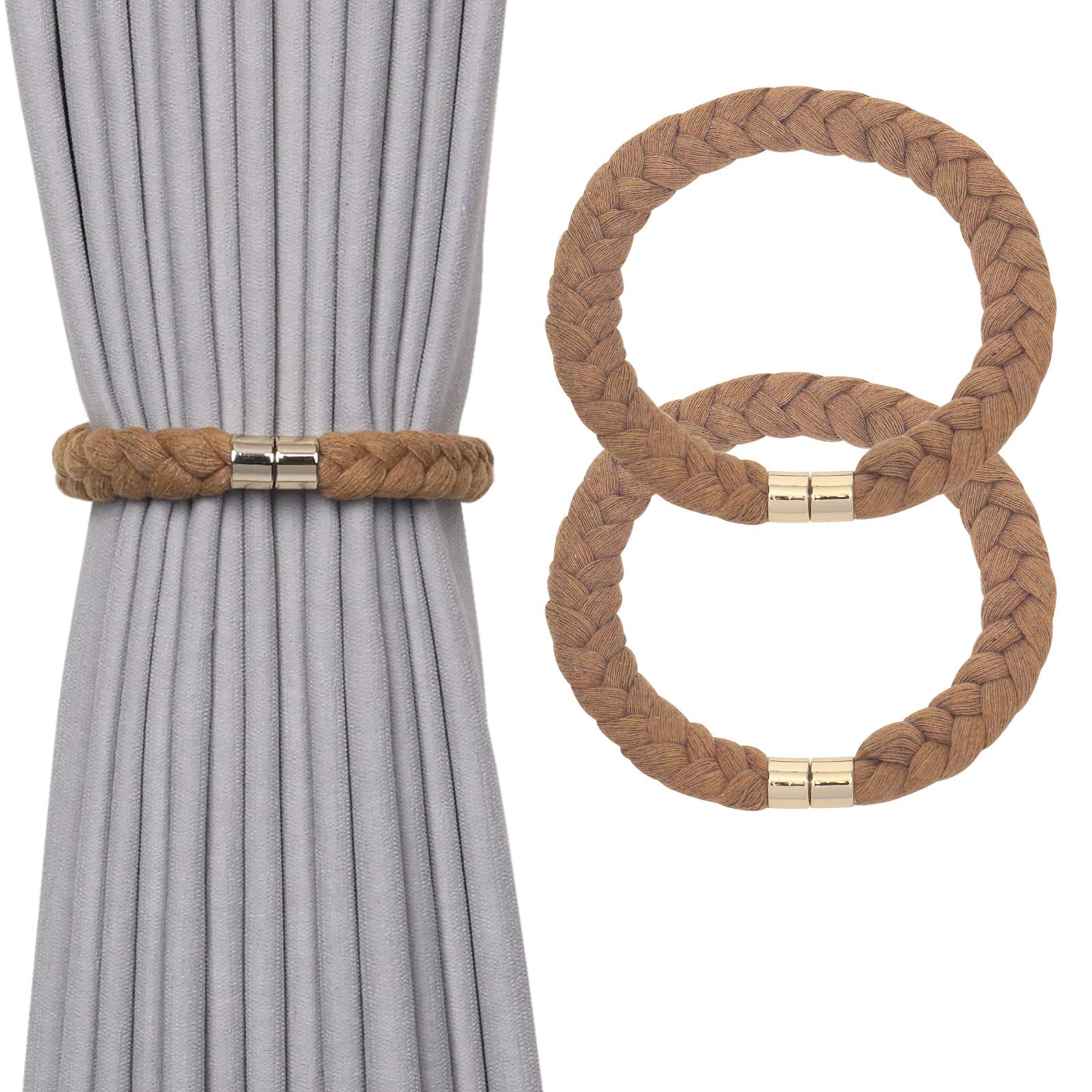 Pretty Jolly 2 Pack Natural Cotton Rope Magnetic Curtain Tiebacks Elegant Twisted Braid Style Drape Tie Backs Soft Hand-Woven Rope Curtain Holdbacks for Home & Office Window Draperies (Khaki-02)