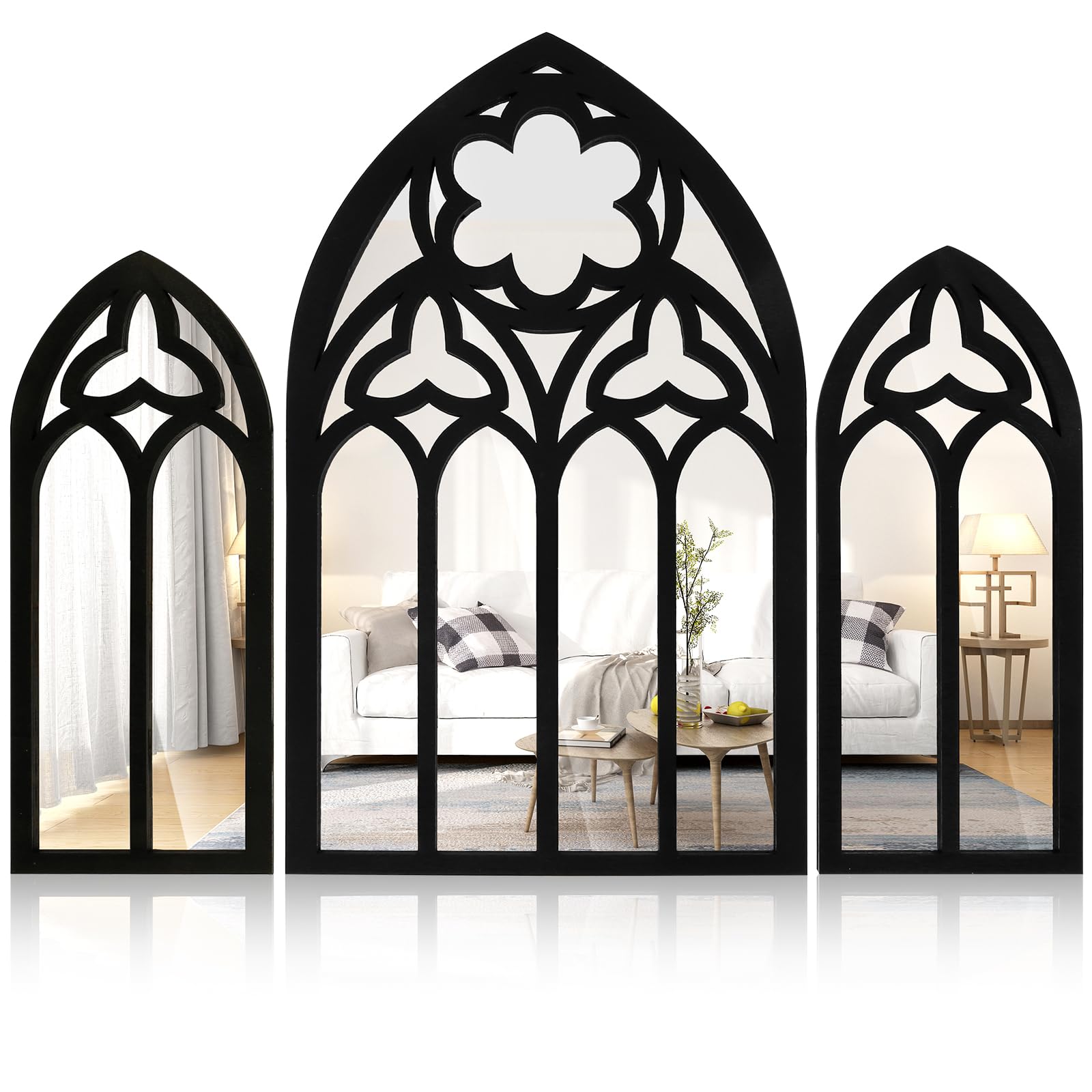 3Pcs Wall Arch Mirrors Set Gothic Wall Mirror Decor Cathedral Arched Mirror Decor Decorative Arched Wall Mirror for