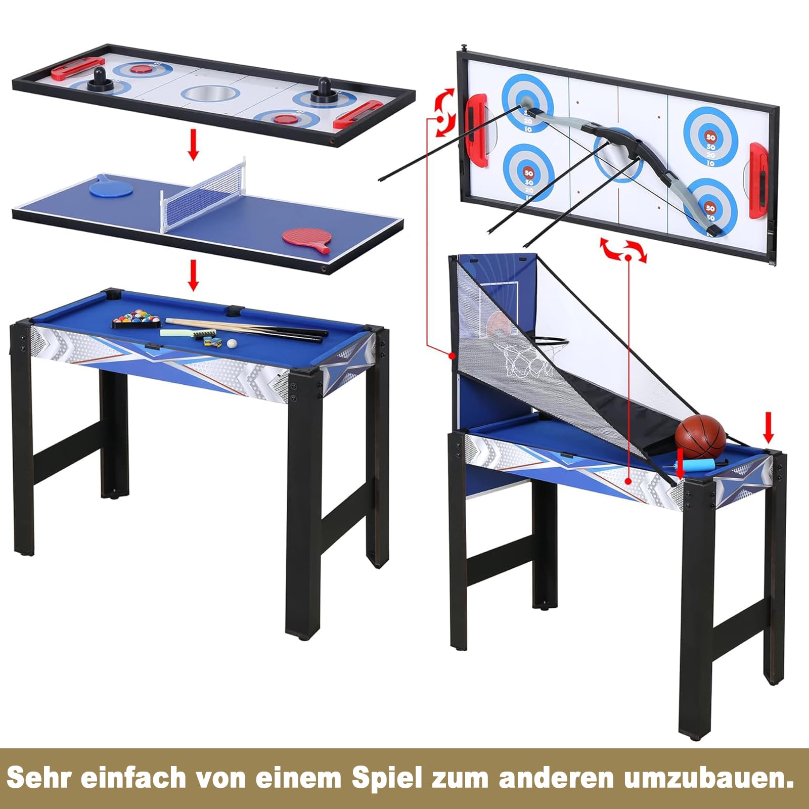 Multifunktionstischspiel Spieletisch 5 in 1 Tischspiel inklusive Billardtisch Basketball Tischtennis Hockey Pfeil und Boge 92cm*46cm*73cm
