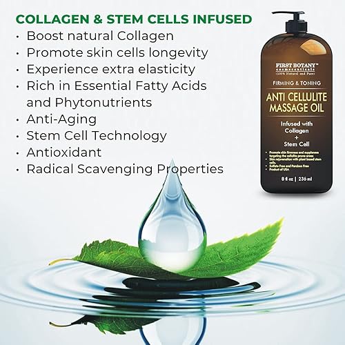 Miniatura 3 de First Botany, Aceite de masaje anticelulítico infundido con colágeno y células madre, tratamiento natural para celulitis y estrías para hombres y