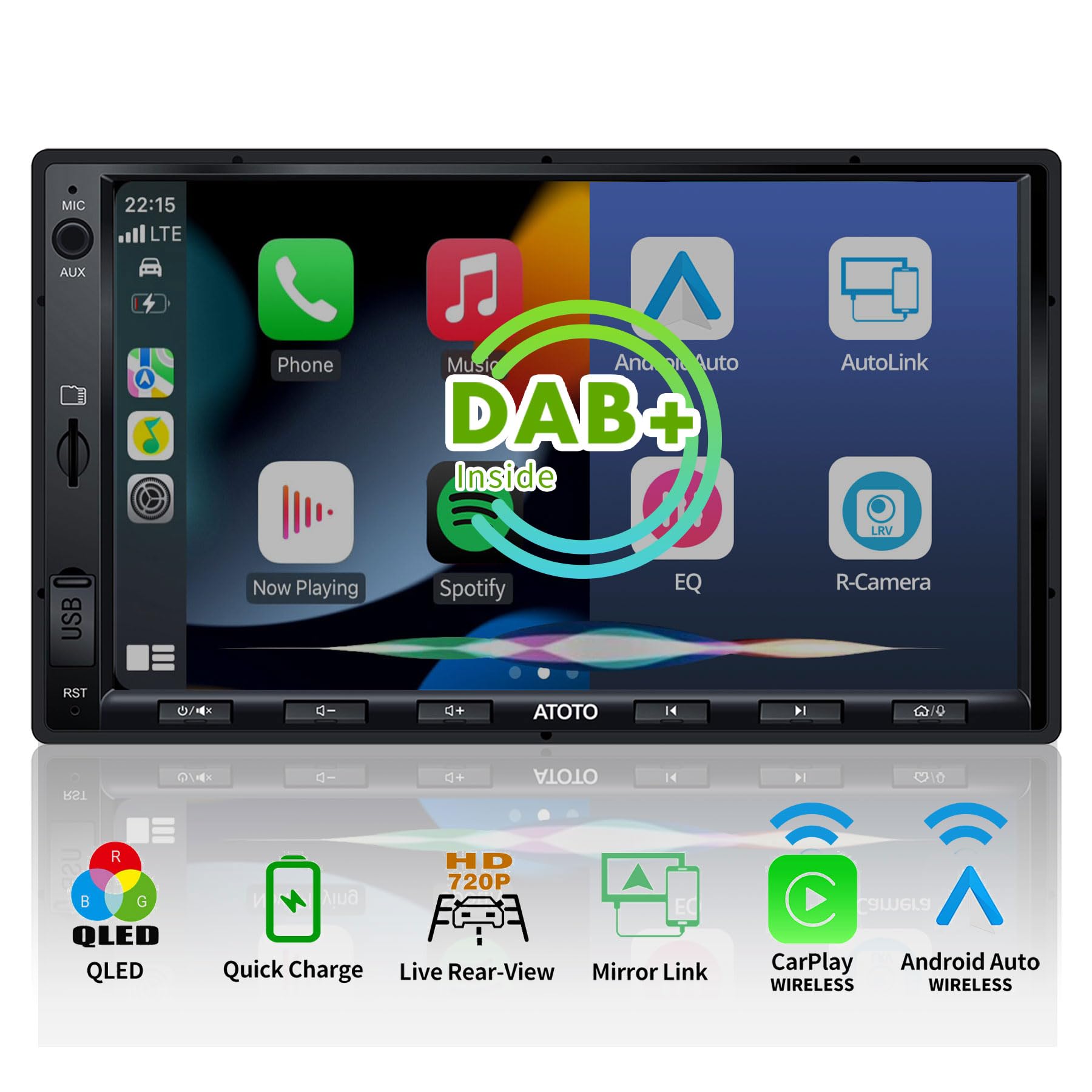 ATOTOEXCEL Autoradio 2 Din con Ricezione DAB+, Wireless Carplay & Android Auto, 7 pollici QLED Schermo per Auto con Bluetooth, Ricarica Rapida, Mirrorlink, HD LRV, AM/FM/AUX