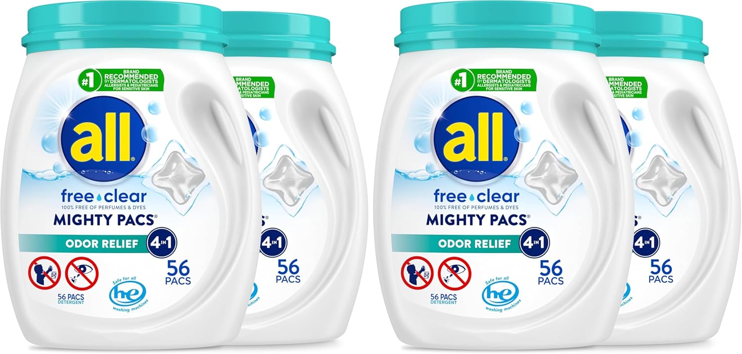 All Mighty Pacs Laundry Detergent,Free Clear Odor Relief,Tub,56 Count (Pack of 4)