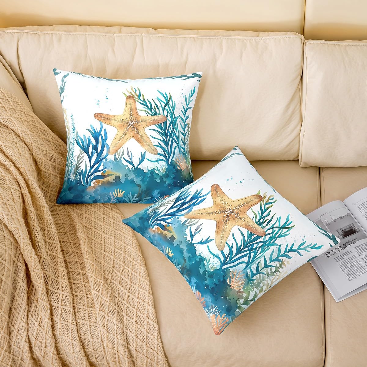 Homemissing Ocean Square Cushion Covers Set of 1 for 60x60cm Starfish Reversible Throw Pillow Covers Seaweeds Pillow Covers Marine Life Sea Throw Pillowcases for Sofa Couch Chair Vivid Blue - Image 2