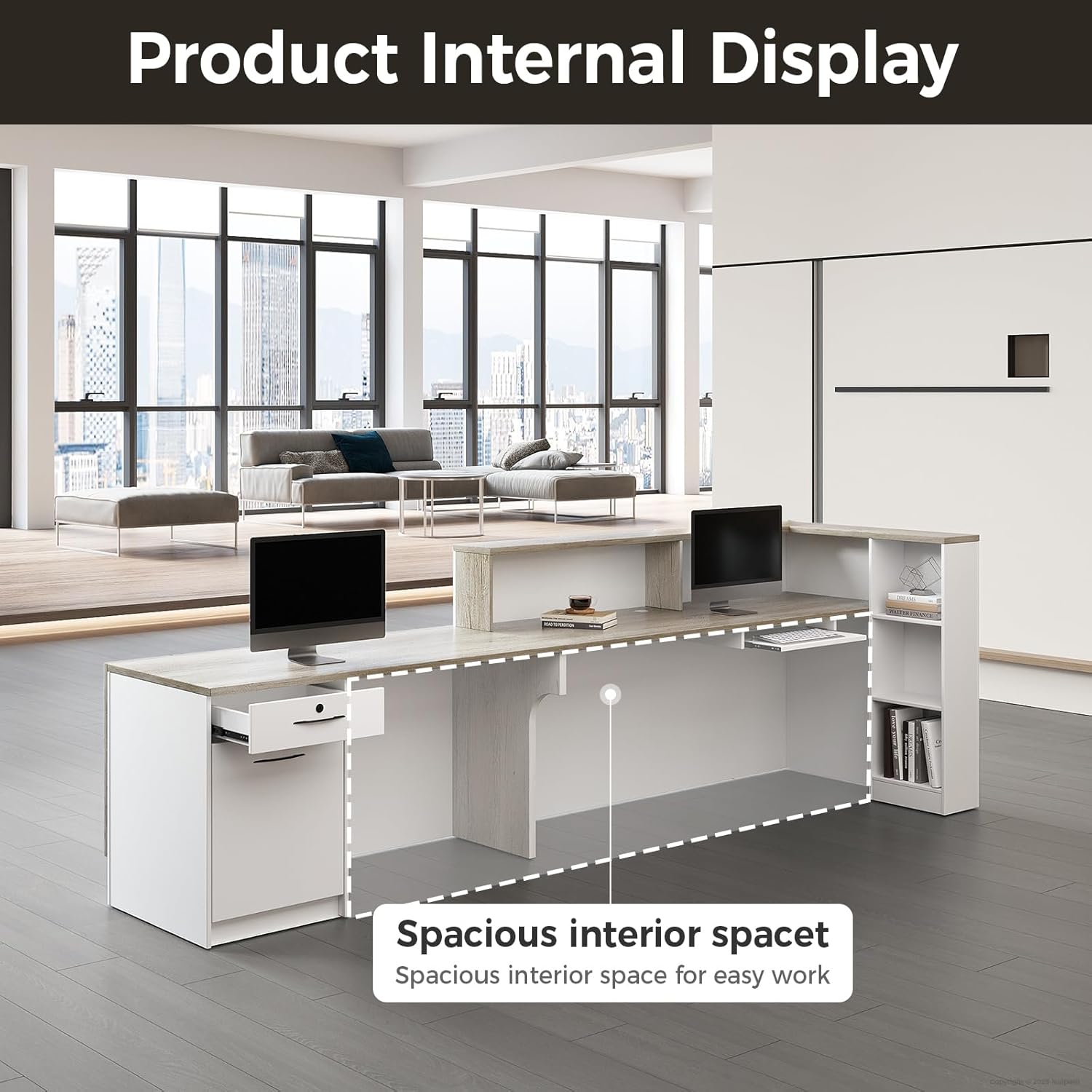Modern 110" Modern L-Shaped Reception Desk with Counter, Drawer, Keyboard Tray & Storage Shelves, Right Layout, Oak + Warm White