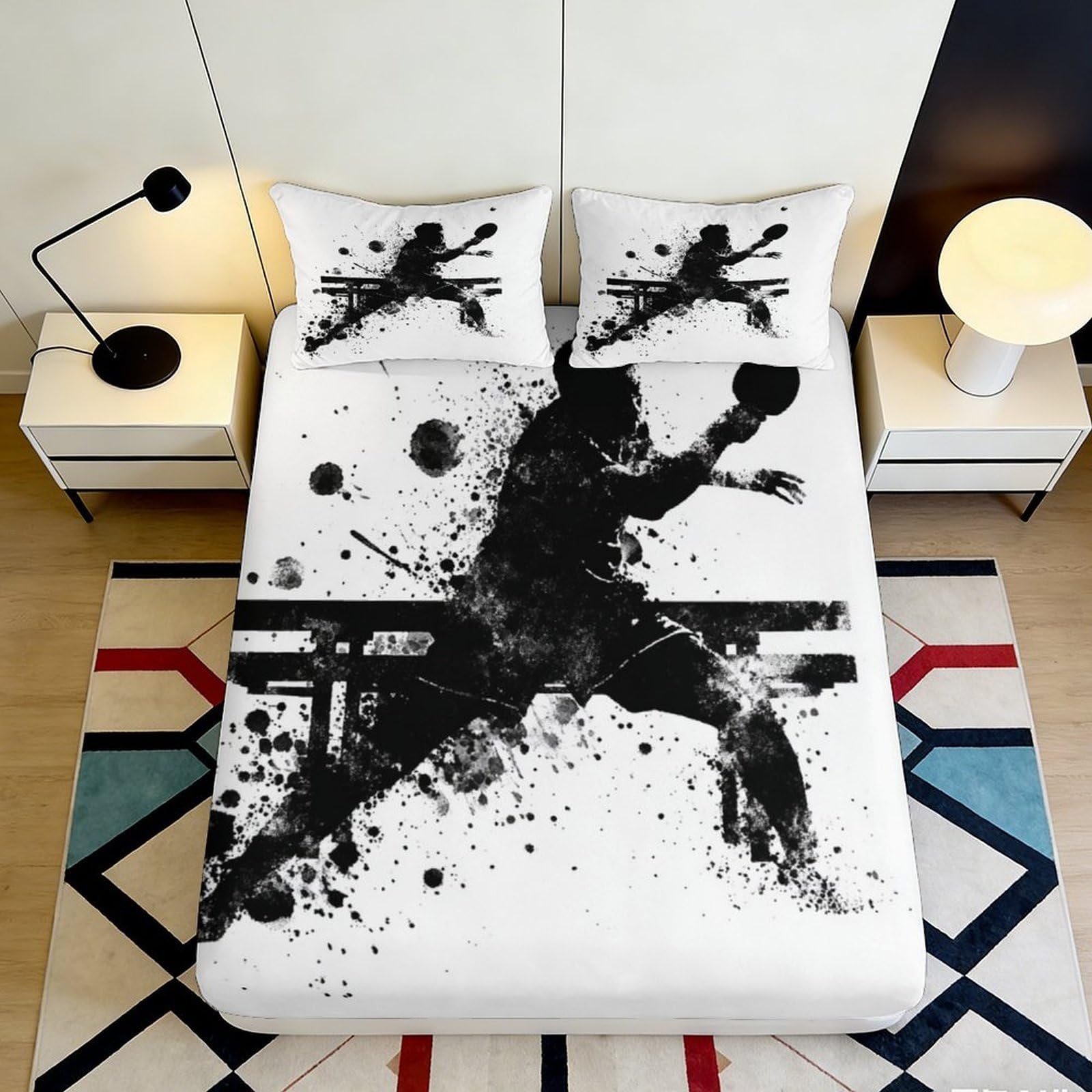 3D Printed Table Tennis Player Fitted Sheet Microfiber Black White Ink Splash Mattress Cover Bedroom Decor 120x200x25cm