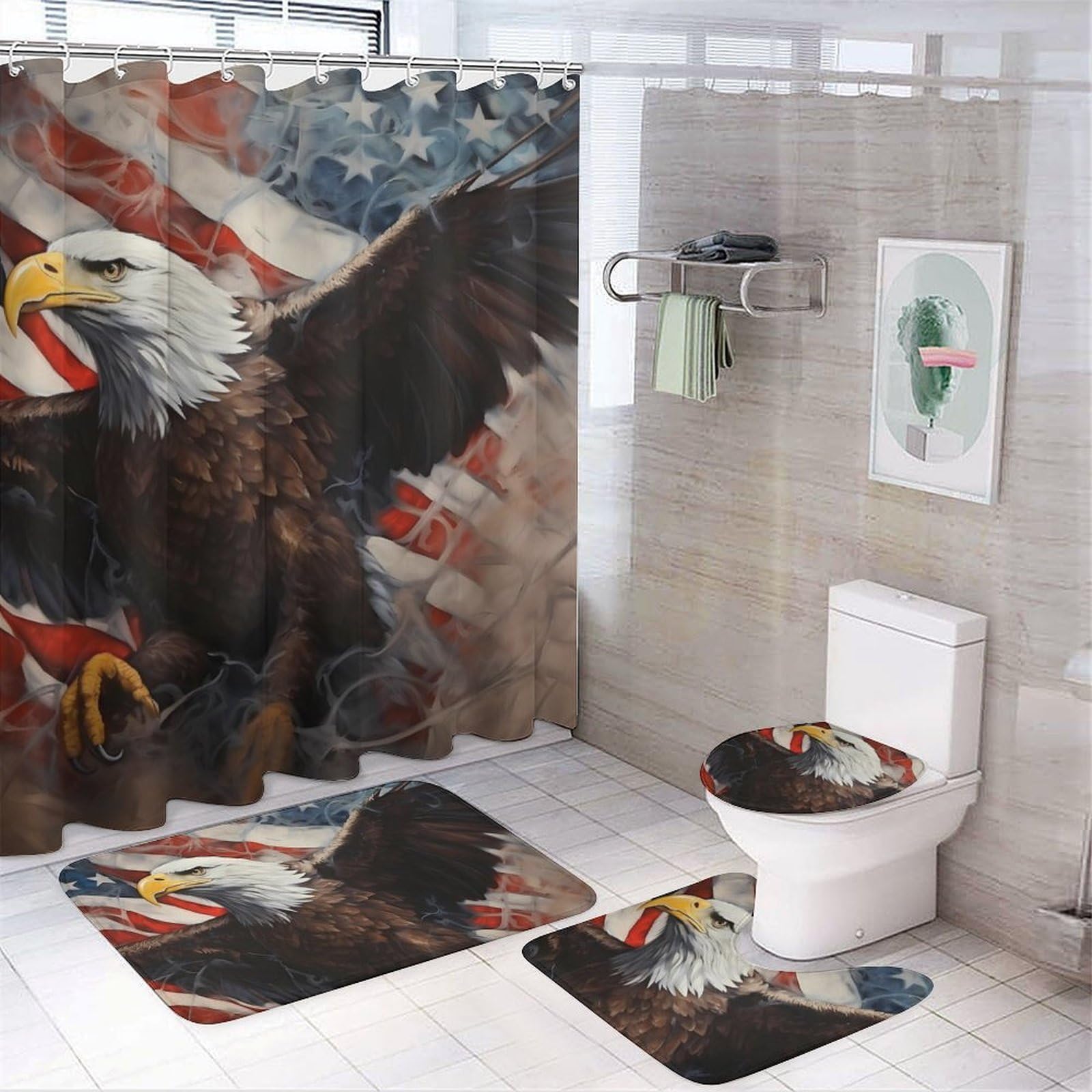 CGSBNGHA Americans Bald Ea-gles Flag Shower Curtain Set 4 Piece Bathroom Sets with Rugs Toilet Lid Cover And U-Shaped Floor Mat