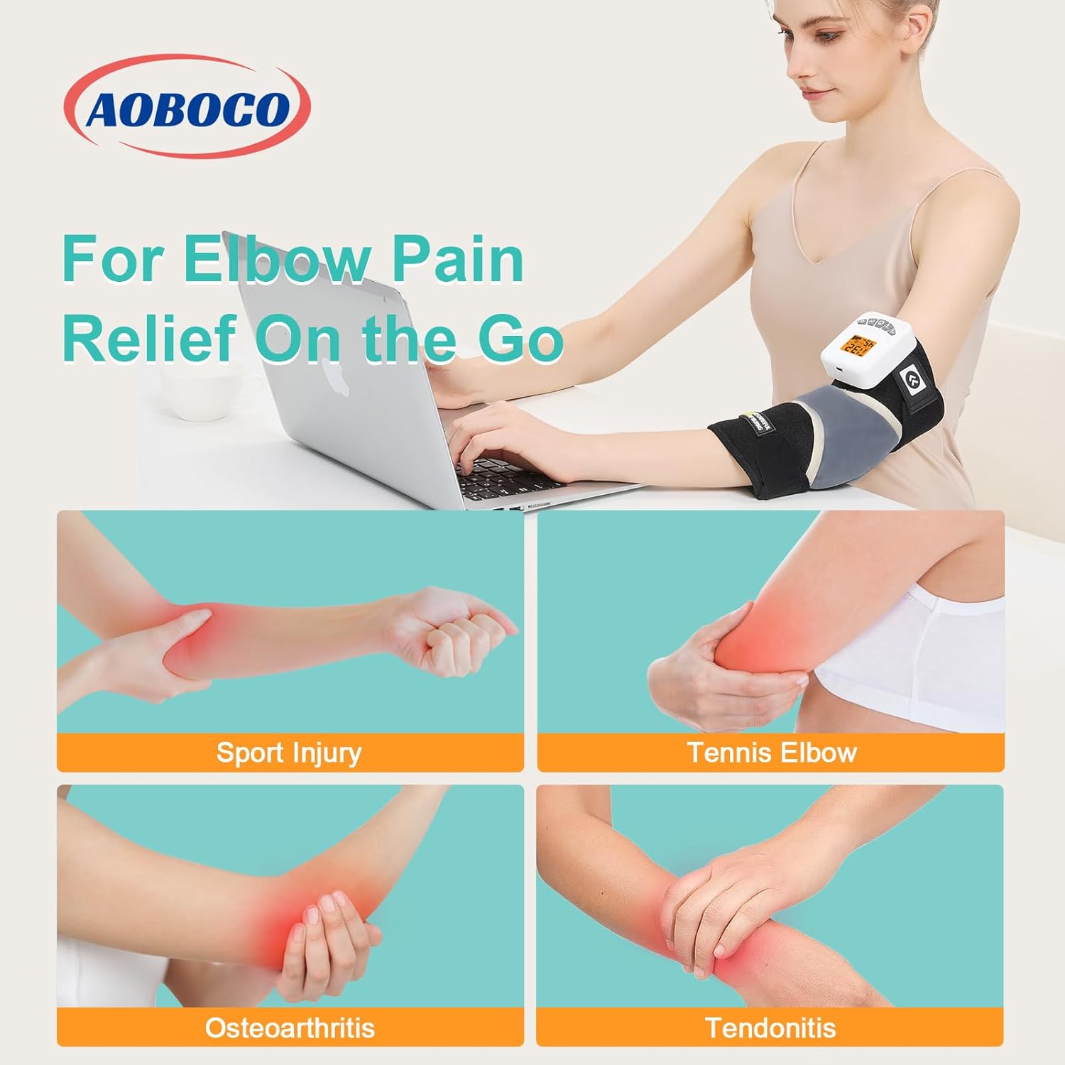 AOBOCO Cordless Elbow Heating Pad with Vibration, 5000mAh Rechargeable Arm Massager for Tendonitis and Tennis Elbow, Portable Heated Brace Wrap, 104℉-140℉ Heat Levels, 3 Vibration Modes - Image 2