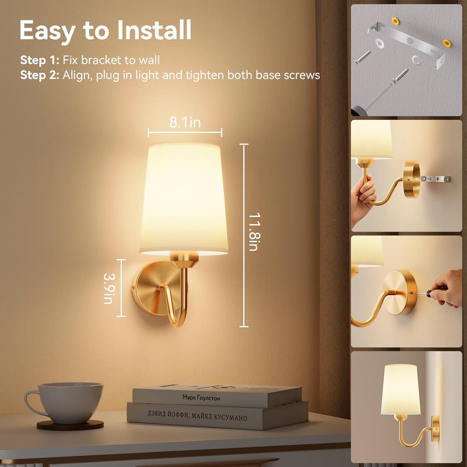 Ouyulong Battery Operated Wall Sconces Set of 2, Wireless Rechargeable Dimmable Wall Light with RGB Bulb and Remote for Bedroom, Living Room, Hallway (Gold)