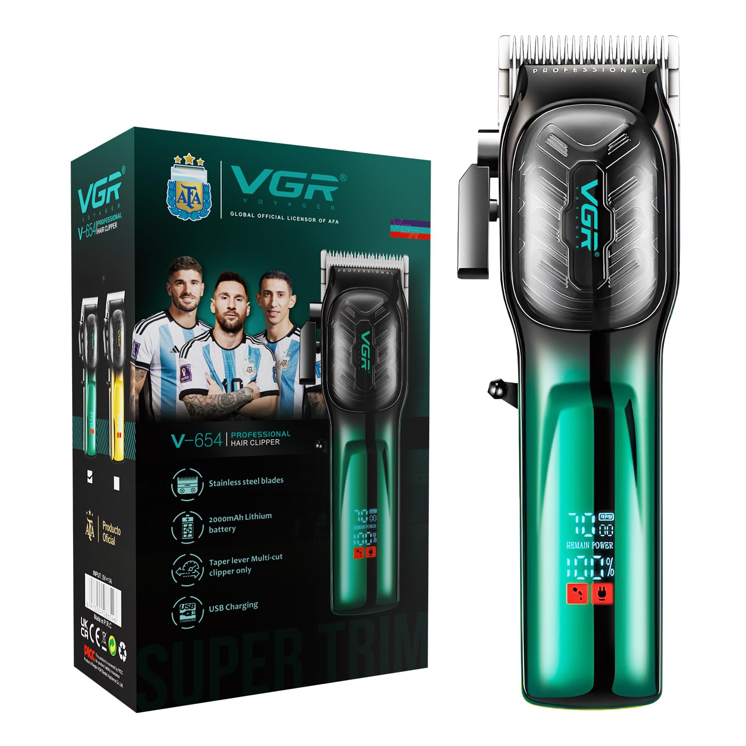 VGR V-654 Professional Salon Quality Hair Clipper For Men | 200 Minutes Runtime, 2000mAh Lithium Battery, 7000 RPM DC Motor, Taper Lever Adjustment, LED Display, Cord/Cordless Uses - (Green)-image-29