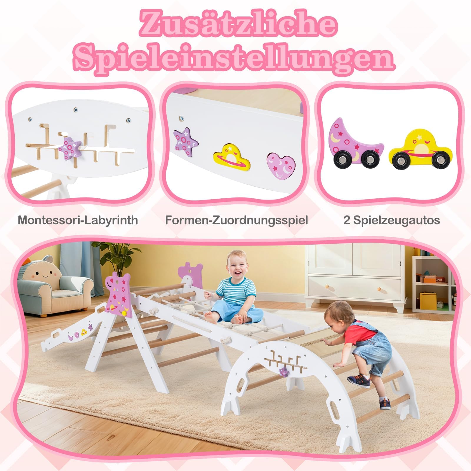 FANTASK Set di 4 telai da arrampicata 7 in 1 per interni, con scivolo, arco da arrampicata, rete, con rampa su entrambi i lati, set di mattoncini e 2 auto, unicorno, triangolo da arrampicata in legno