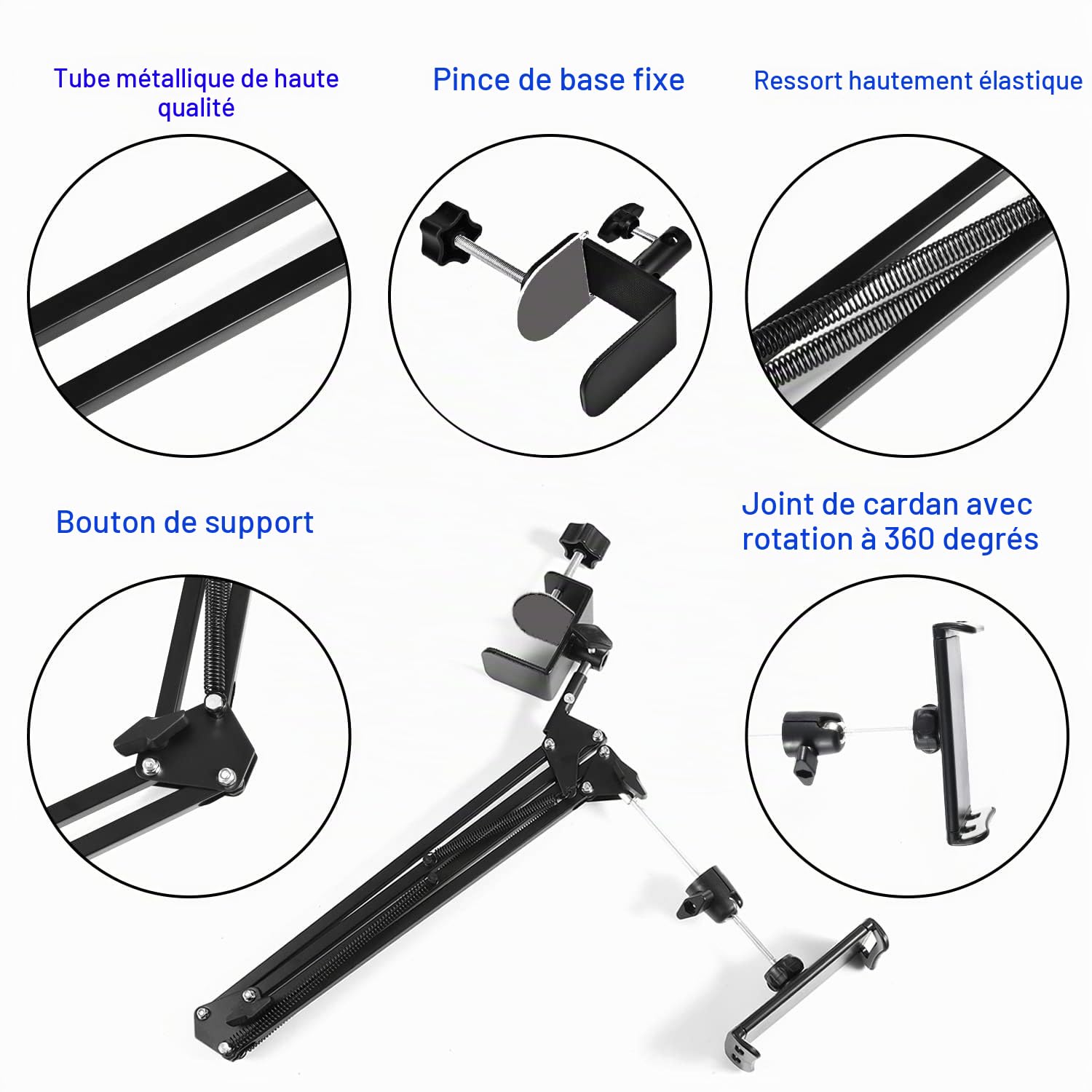 Support à tablette pour lit, rotatif à 360° avec bras en aluminium solide pour iPad, tablettes, téléphones ou autres appareils avec écran de 4,5 à 12,9"