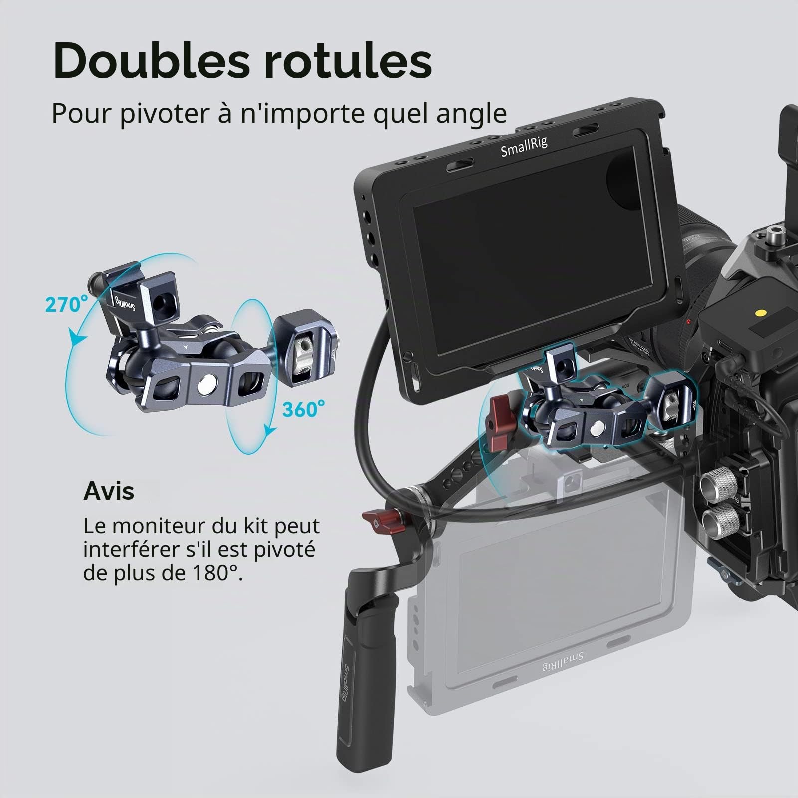 SMALLRIG Dual Ball Heads Magic Arm avec Vis 1/4"-20 et Pince NATO, Charge Maximale 13,23 lbs/6 kg, Seulement 91g, en Alliage d'Aluminium et Acier Inoxydable - 3875