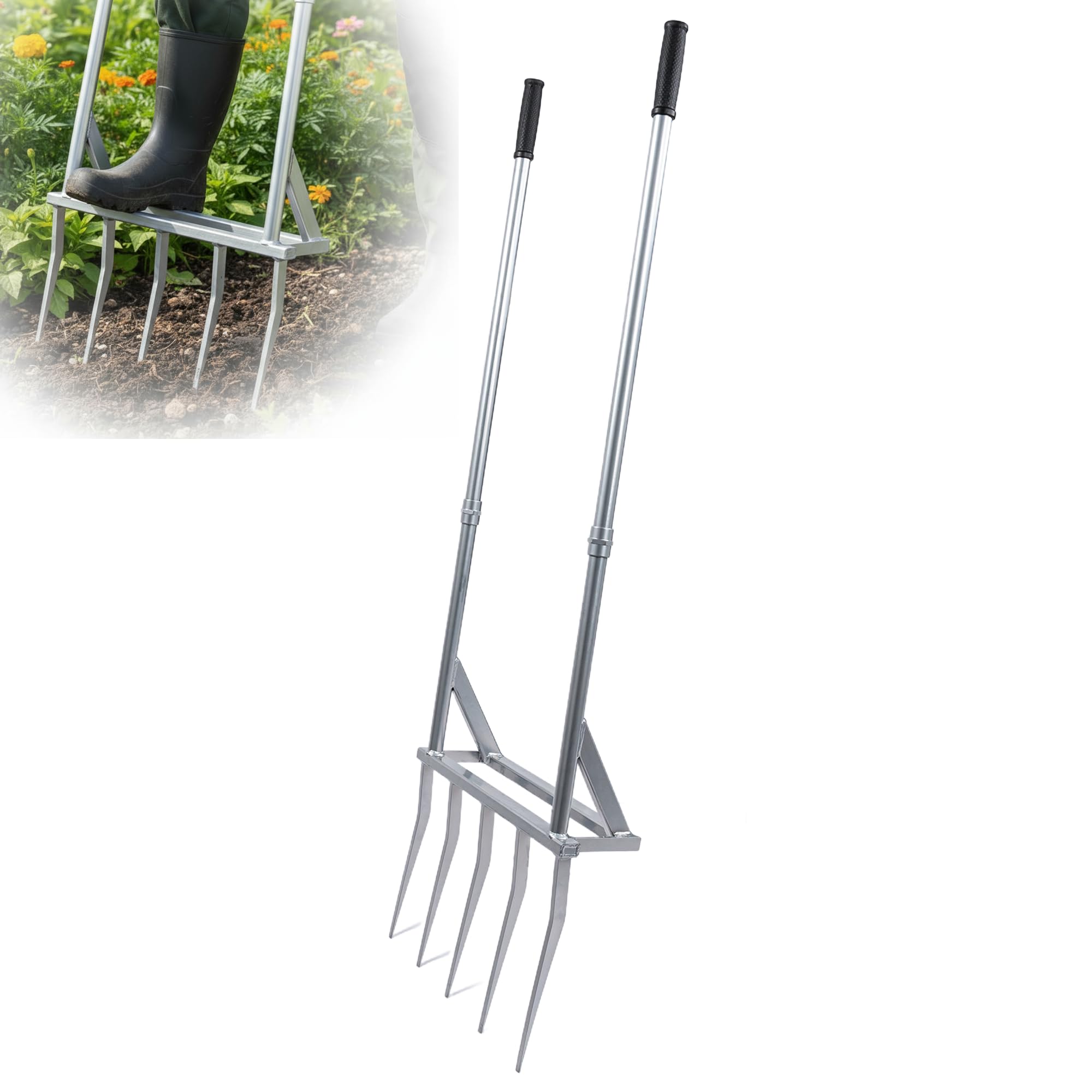 56 Inch 5-Tine Heavy Duty Broadfork with Widened Foot Pedal