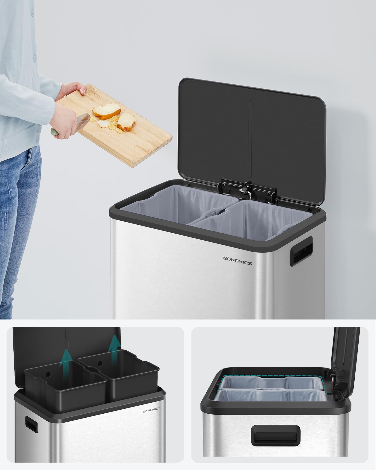 SONGMICS Kosz kuchenny, 2 x 20 l (2 x 30 l) podwójny kosz na śmieci do recyklingu i odpadów, wiadra wewnętrzne, stal nierdzewna, miękka pokrywa, szeroki, solidny, metaliczny srebrny LTB556E01
