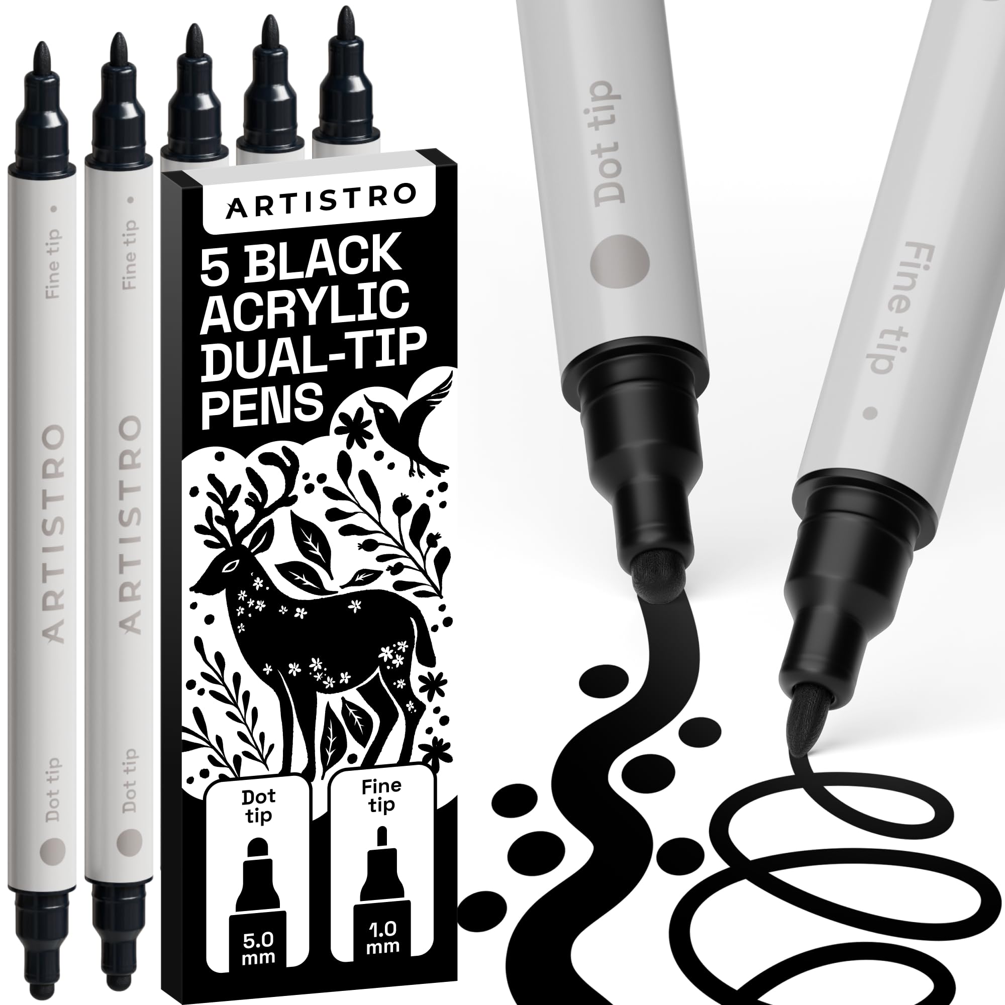 Artistro 5 Black Acrylic Pens Acrylic Paint Markers Double Tip (Fine 1mm + Dot 5mm) Drawing Set Marker for Textiles Canvas Stone Glass Wood Paper DIY Supplies Paint Marker