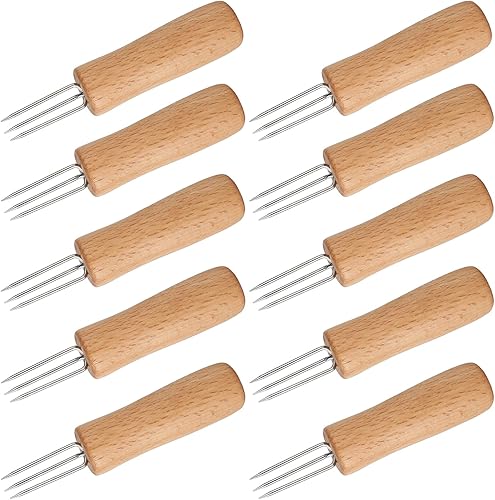 Juego de 10 soportes para mazorcas de maíz de acero inoxidable con mango de madera, tenedores de maíz para barbacoa, carne asada de maíz dulce