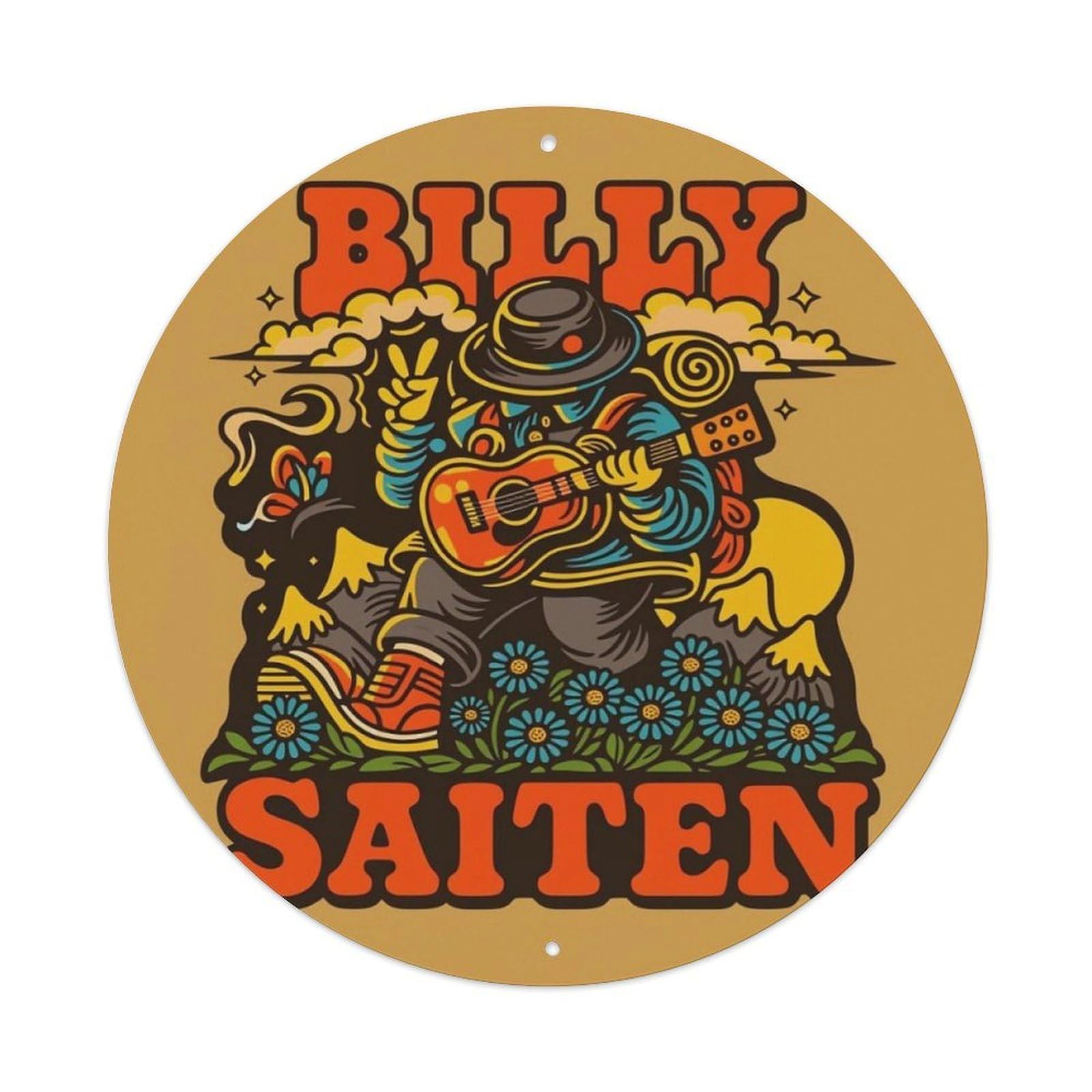Retro Cowboy Guitar Hippie Art Round Decor Sign Vintage Aluminium Metal Sign, Retro Wall Decor for Home, Bar, Garage & Farmhouse 20x20cm