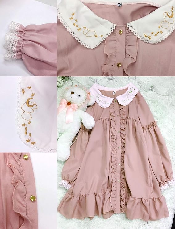 Amazon Co Jp Lady Oliver ワンピース レディース 長袖 ピンク ロリータ 襟 フリル ゆったり ガーリー ゆめかわいい L 服 ファッション小物