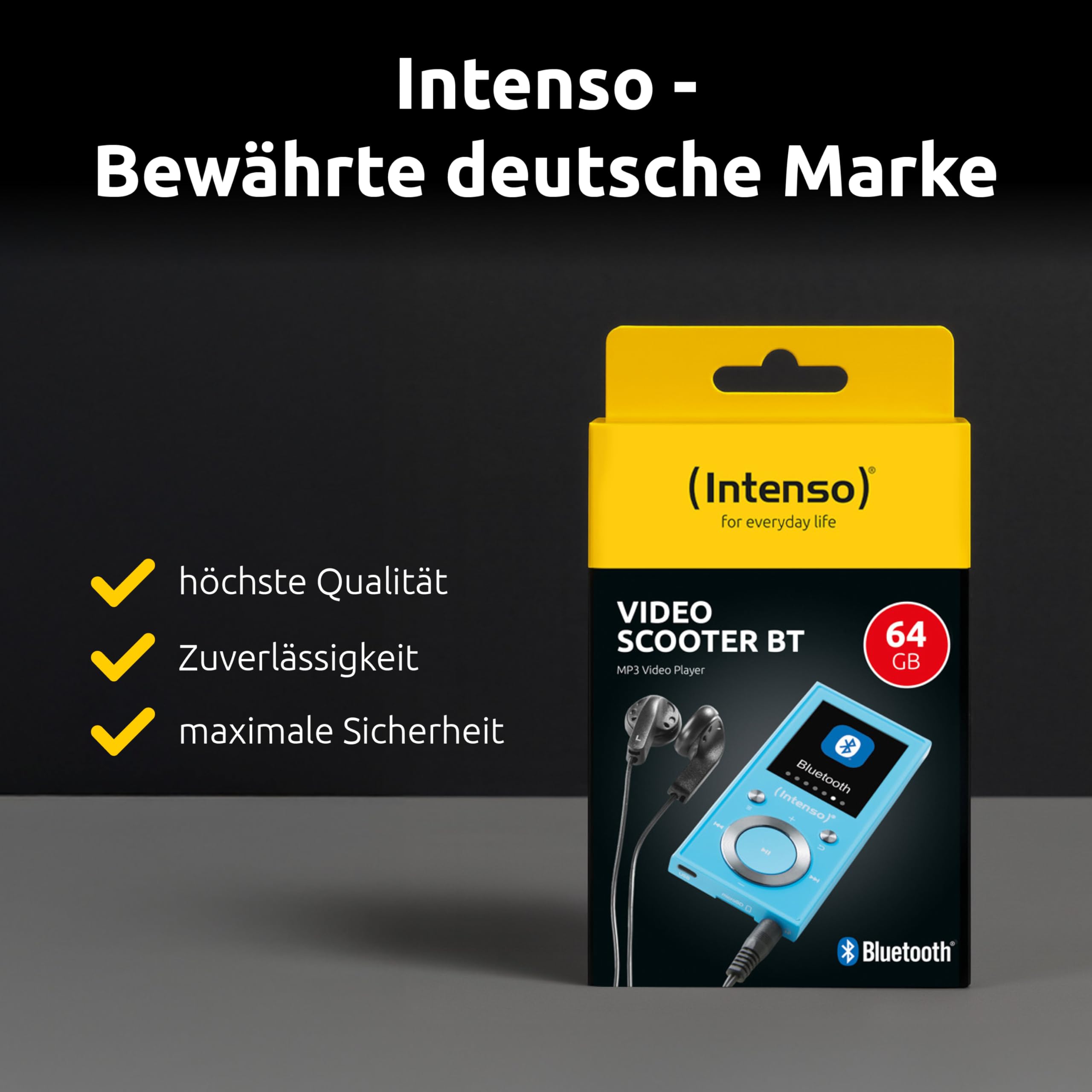 Intenso Video Scooter BT MP3 Player mit Bluetooth 5.0, 1,8 Zoll Farbdisplay, 64 GB microSD, USB-C, bis 18h Akku, inkl. Kopfhörer, blau