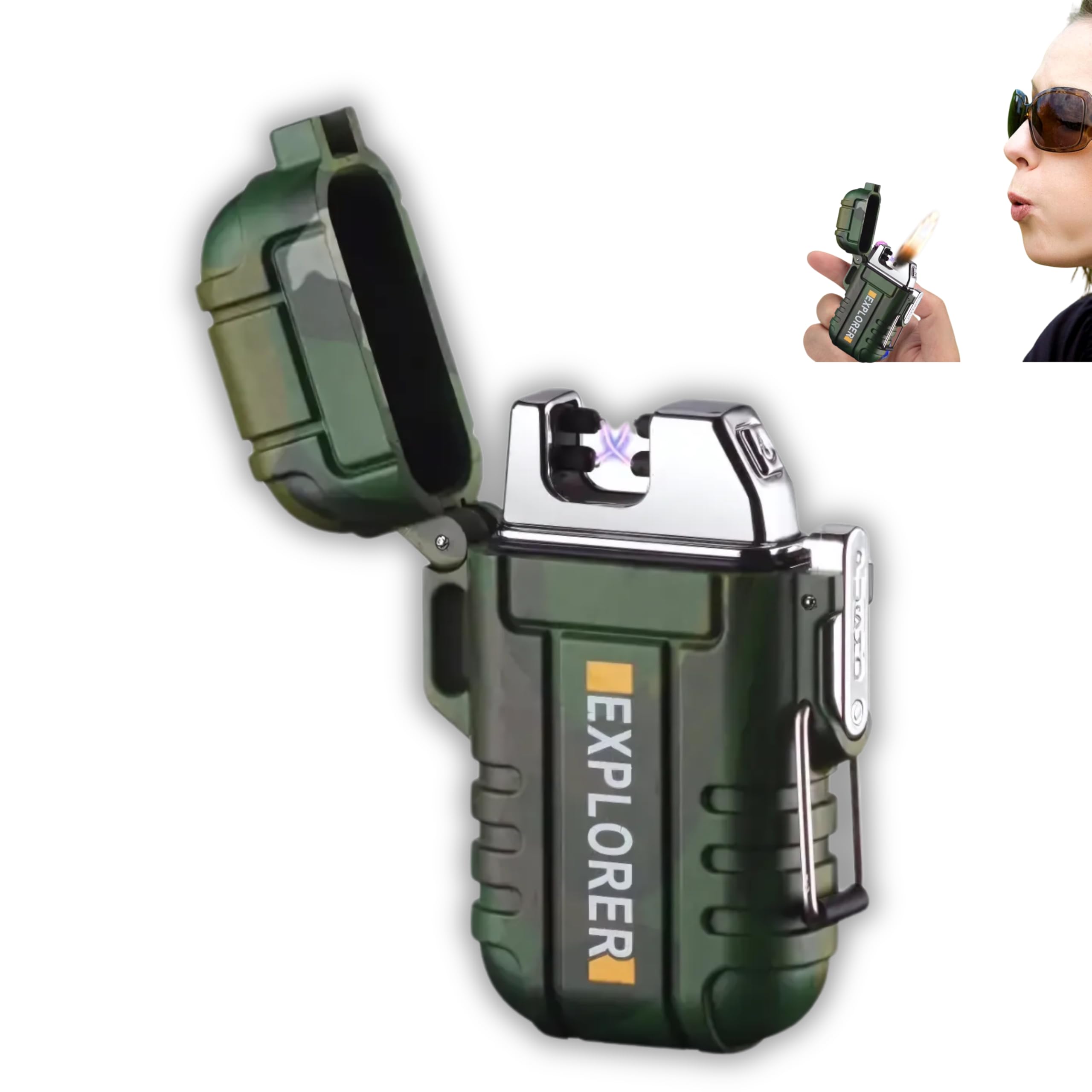 Drumstone (𝐒𝐩𝐞𝐜𝐢𝐚𝐥 𝟏𝟖 𝗬𝗲𝗮𝗿𝘀 Warranty) Waterproof Windproof Double ARC Rechargeable Lighter | Military Green Pocket Size | Flameless Electric USB Lighter for Outdoor Use-picture-24