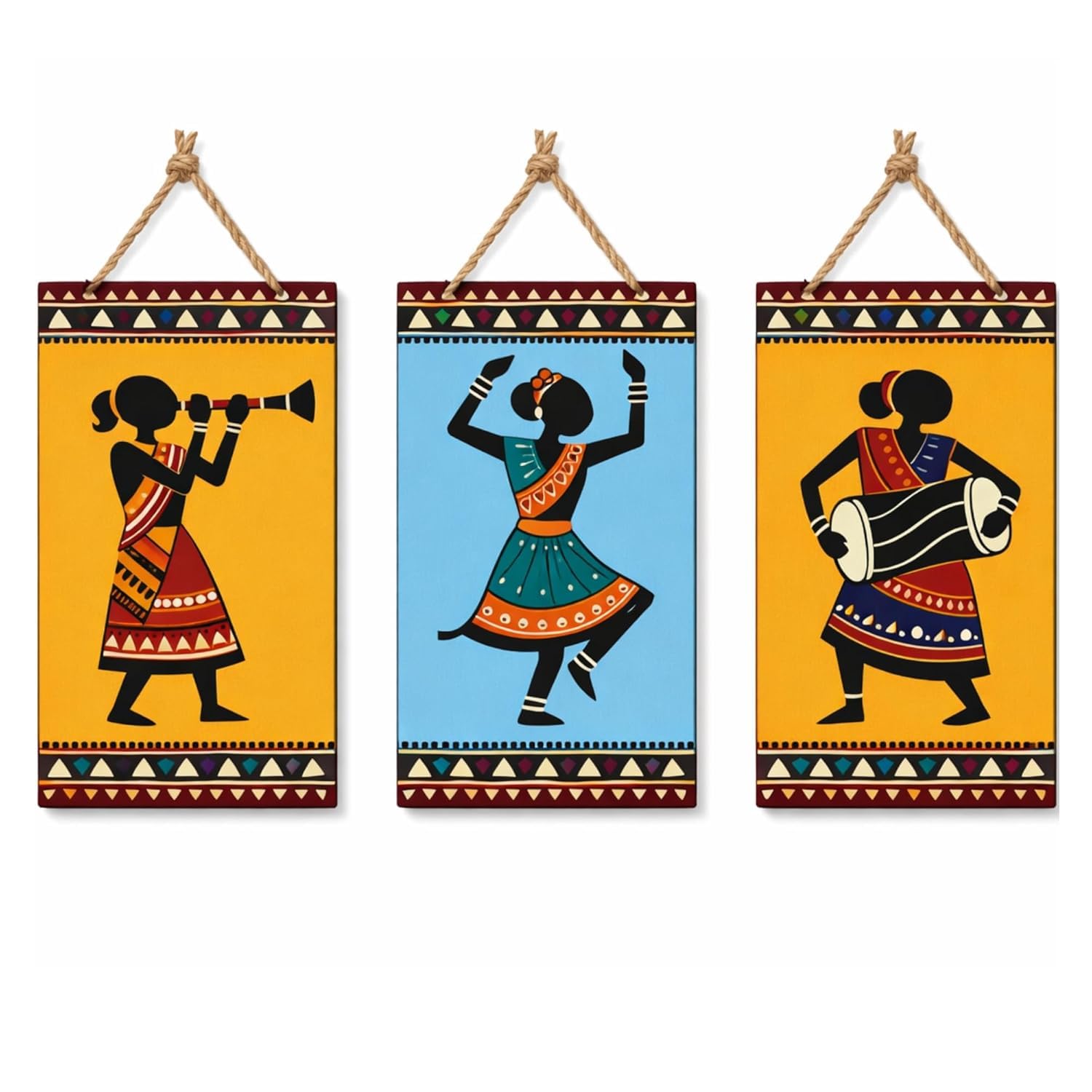 Tribal Folk Art Wooden Wall Hanging Decor Set of 3 Multicolor Ethnic Wall Art Panels Rustic Handmade Decorative Hanging for Living Room Bedroom Hallway Office Entrance Home Decor Gift-image-40