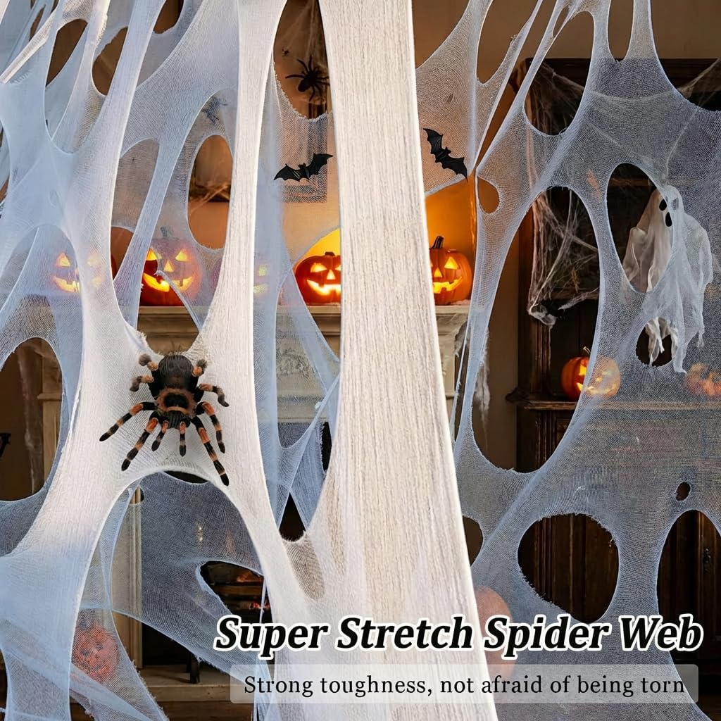 1200 Sqft （After Streched with Holes） Uncut Giant Spider Web Halloween Decorations Outdoor with 10 Ground Nails Stretchy Beef Cloth Netting Cut-Your-Own Flexible Elastic for Yard Party Decor